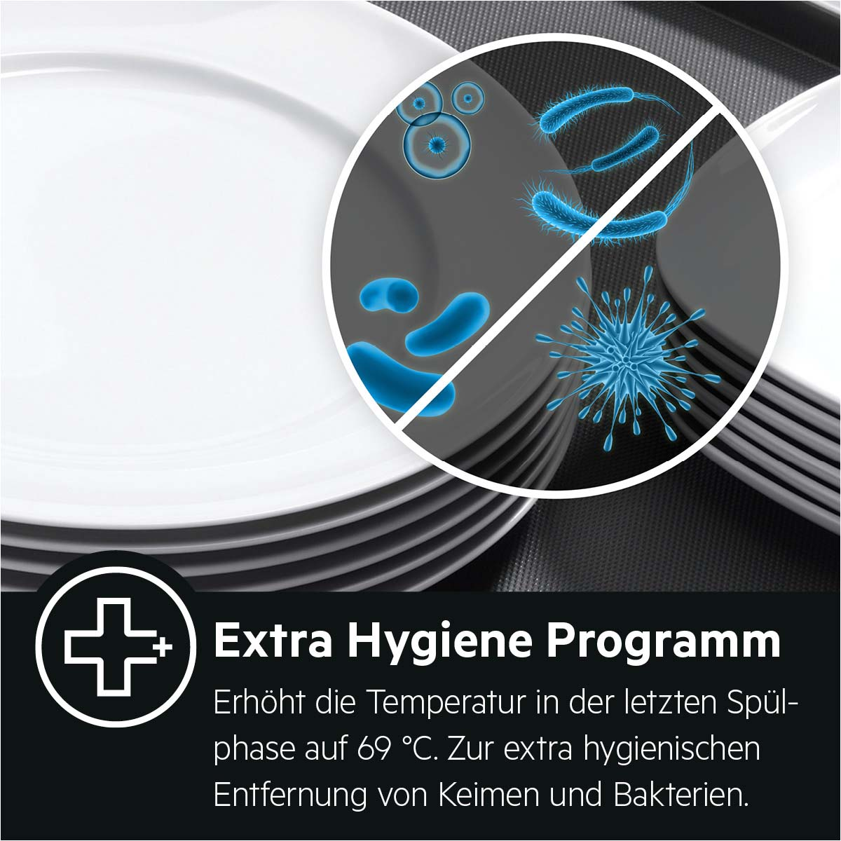 Weiße Teller gestapelt, mit Hygiene-Programmsymbol und Text zur Entfernung von Keimen und Bakterien.