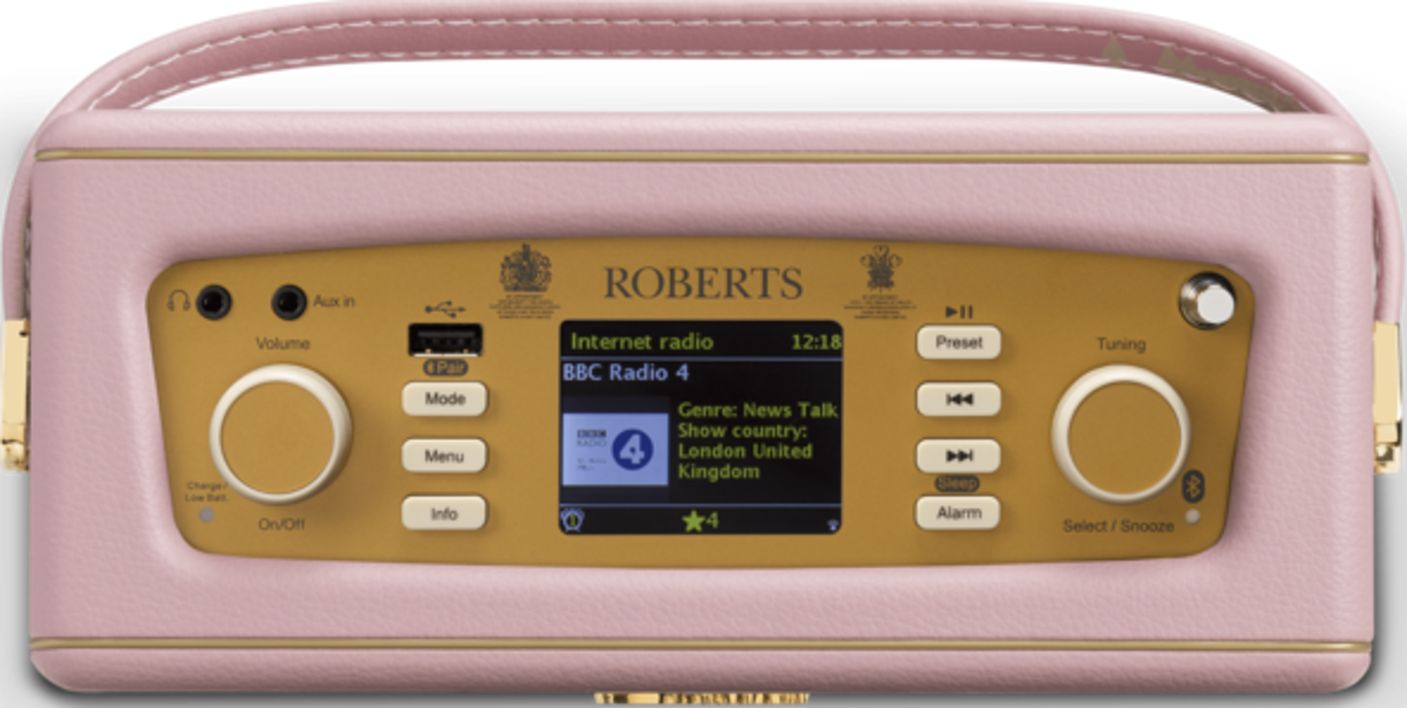 Radio Roberts rose avec des accents dorés. Écran affichant BBC Radio 4 et boutons dorés.