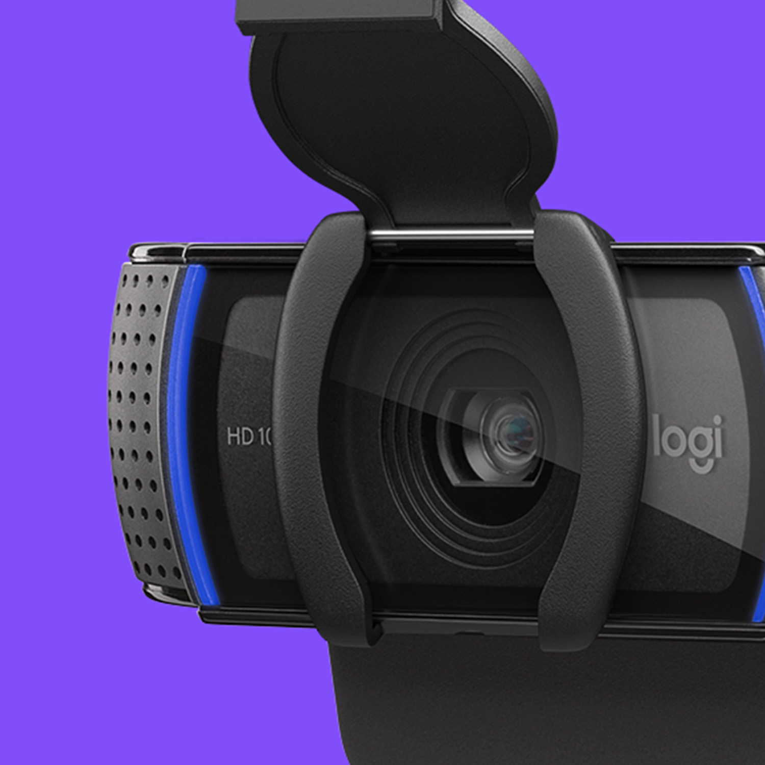 A close-up view of a black webcam with blue accents on a purple background.
