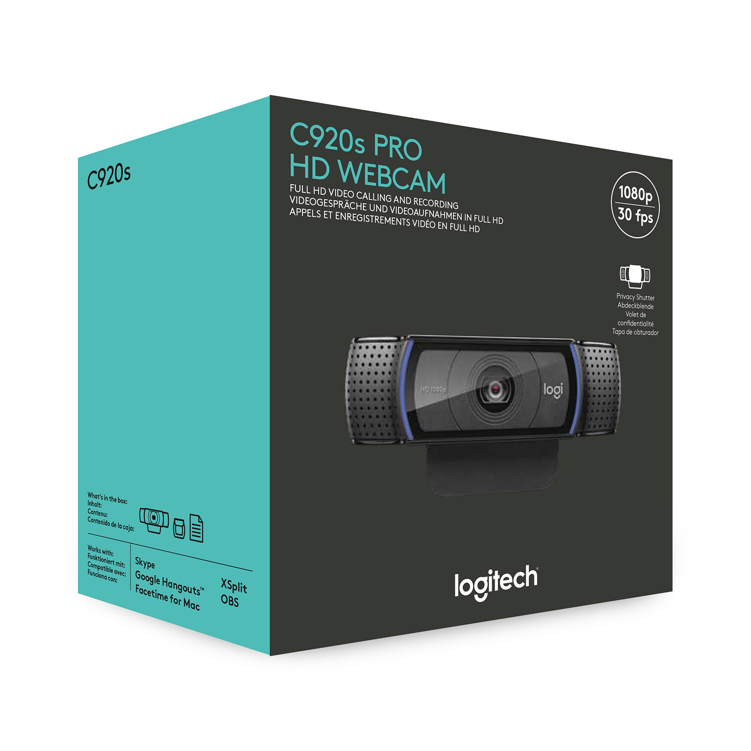 Logitech webcam box. The box shows the webcam and its features, with text in multiple languages.