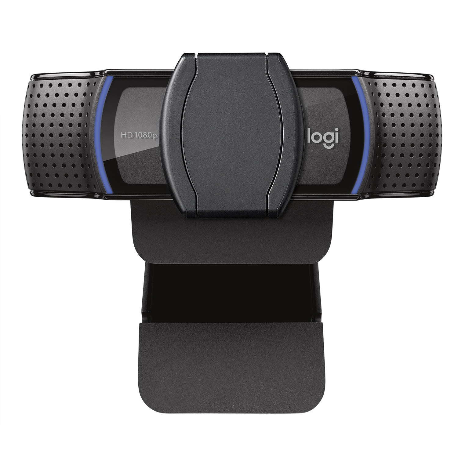 Black Logitech webcam, top-down view, with blue accents and a logo.
