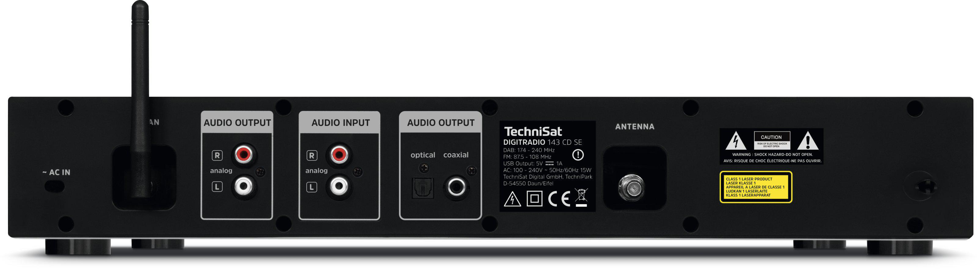 Rückseite eines schwarzen Audiogeräts mit Ein-/Ausgangsanschlüssen und Antenne. Text: DigiRadio MC3 SE.