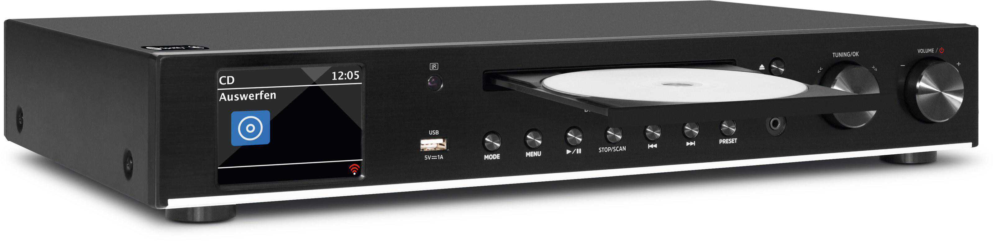 Ein schwarzer CD-Player mit offenem CD-Fach und einem Display mit Informationen.