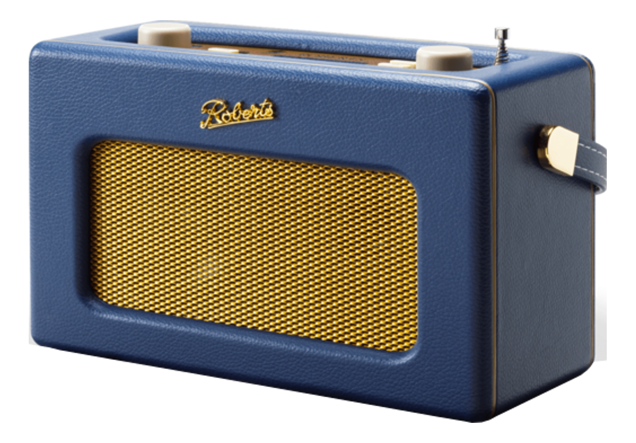 Radio rétro bleue avec grille de haut-parleur dorée. Deux boutons et une poignée de transport sur le dessus.