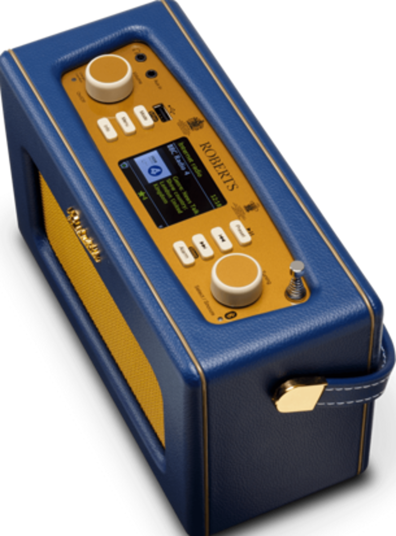 Une radio Roberts bleue et dorée avec des boutons et un écran.