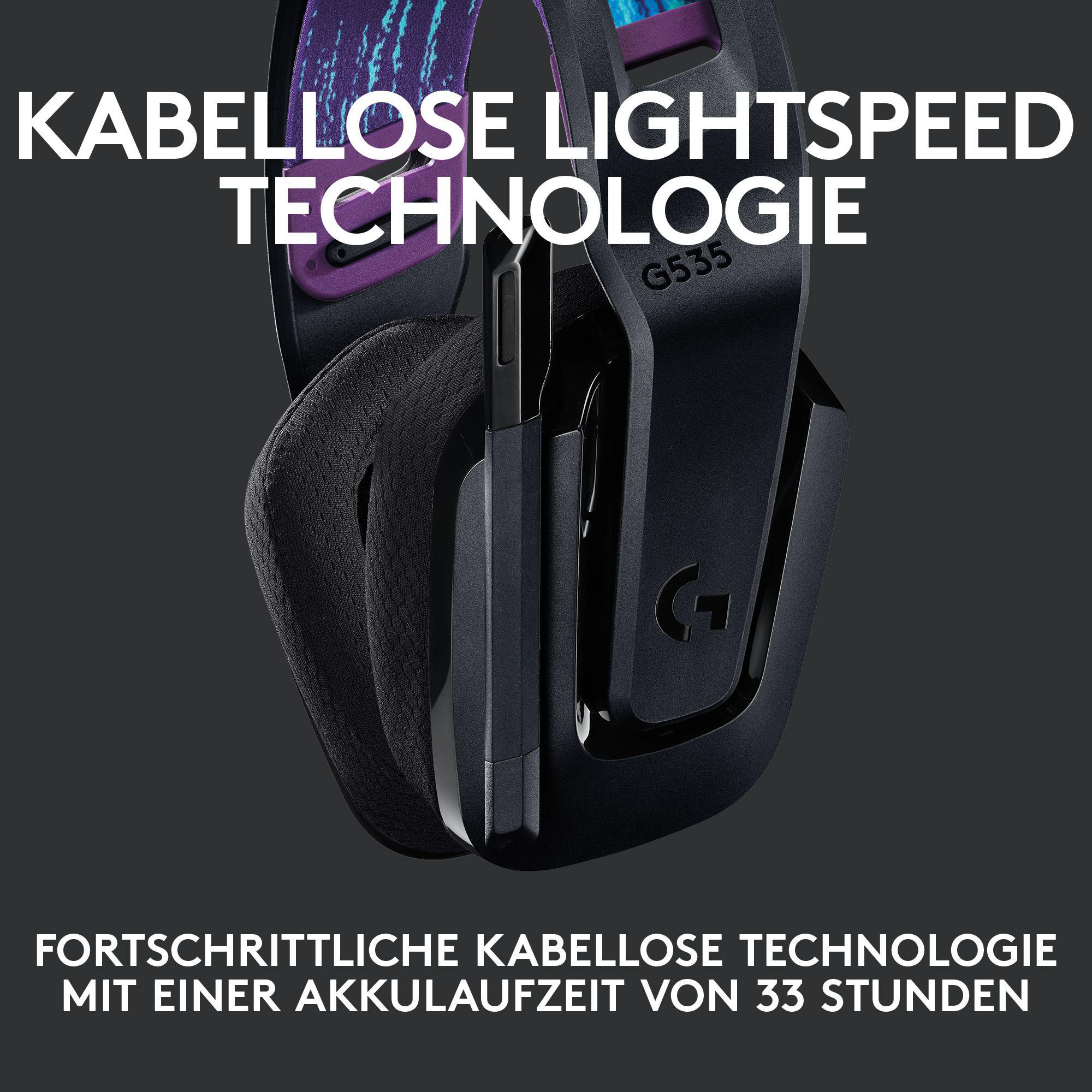 Schwarze kabellose Kopfhörer mit Text. Der Text lautet: 'KABELLOSE LIGHTSPEED TECHNOLOGIE'.