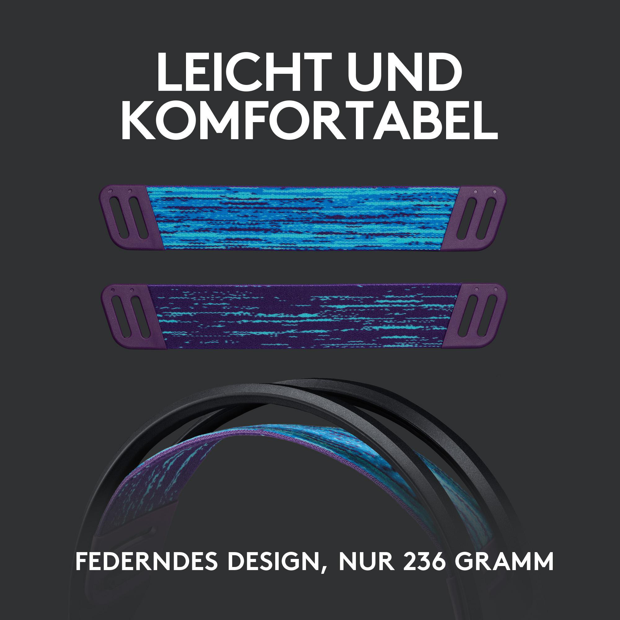 Zwei lila und blaue Stirnbänder mit Text, der leicht und komfortabel lautet.