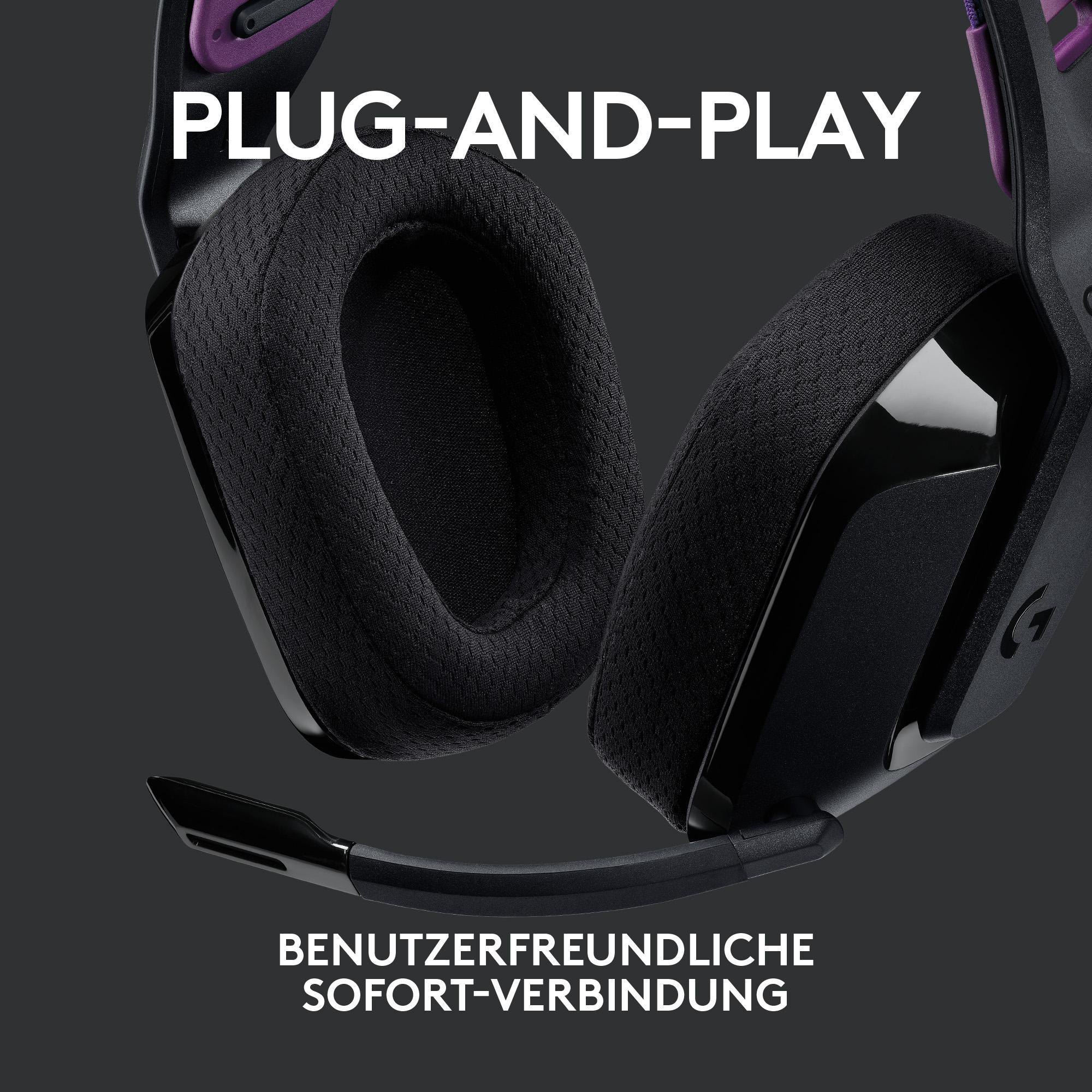 Nahaufnahme von schwarzen Gaming-Headset-Ohrmuscheln mit Mikrofon und Text.