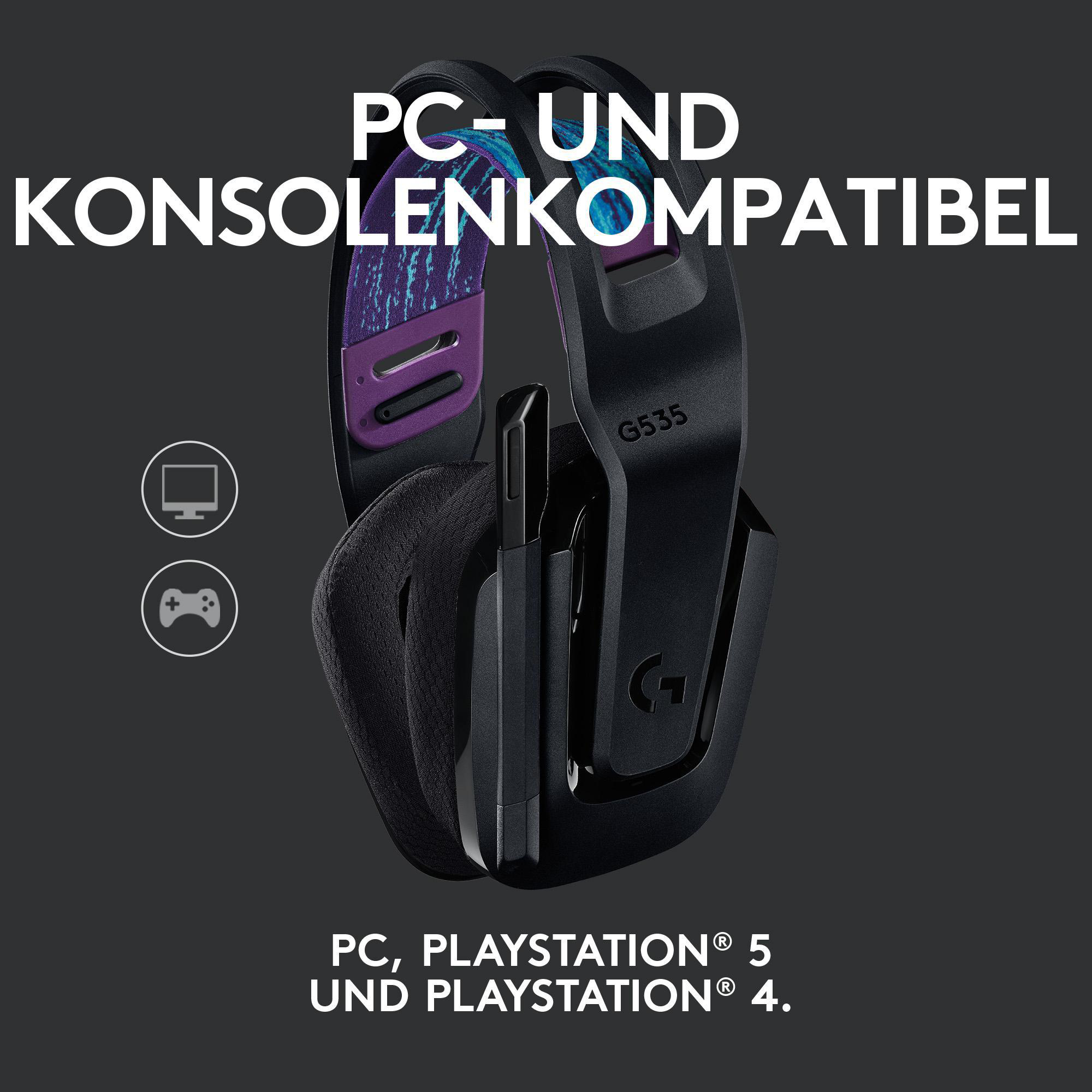 Schwarzes Gaming-Headset mit lila Akzenten und Text zur Kompatibilität.