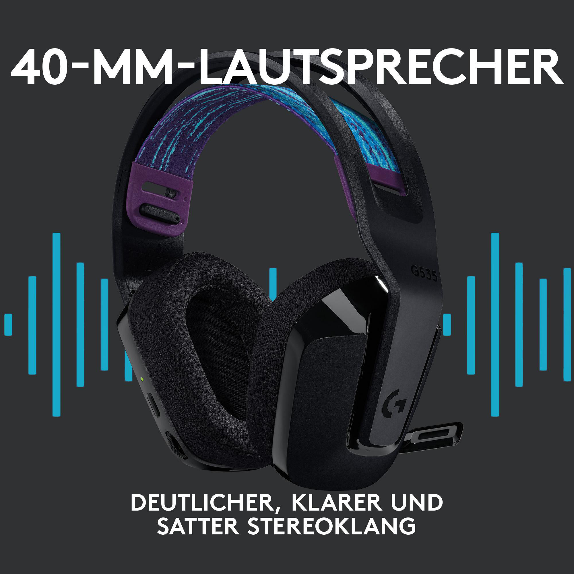 Schwarze Kopfhörer mit Text: Deutlicher, klarer und satter Stereoklang.