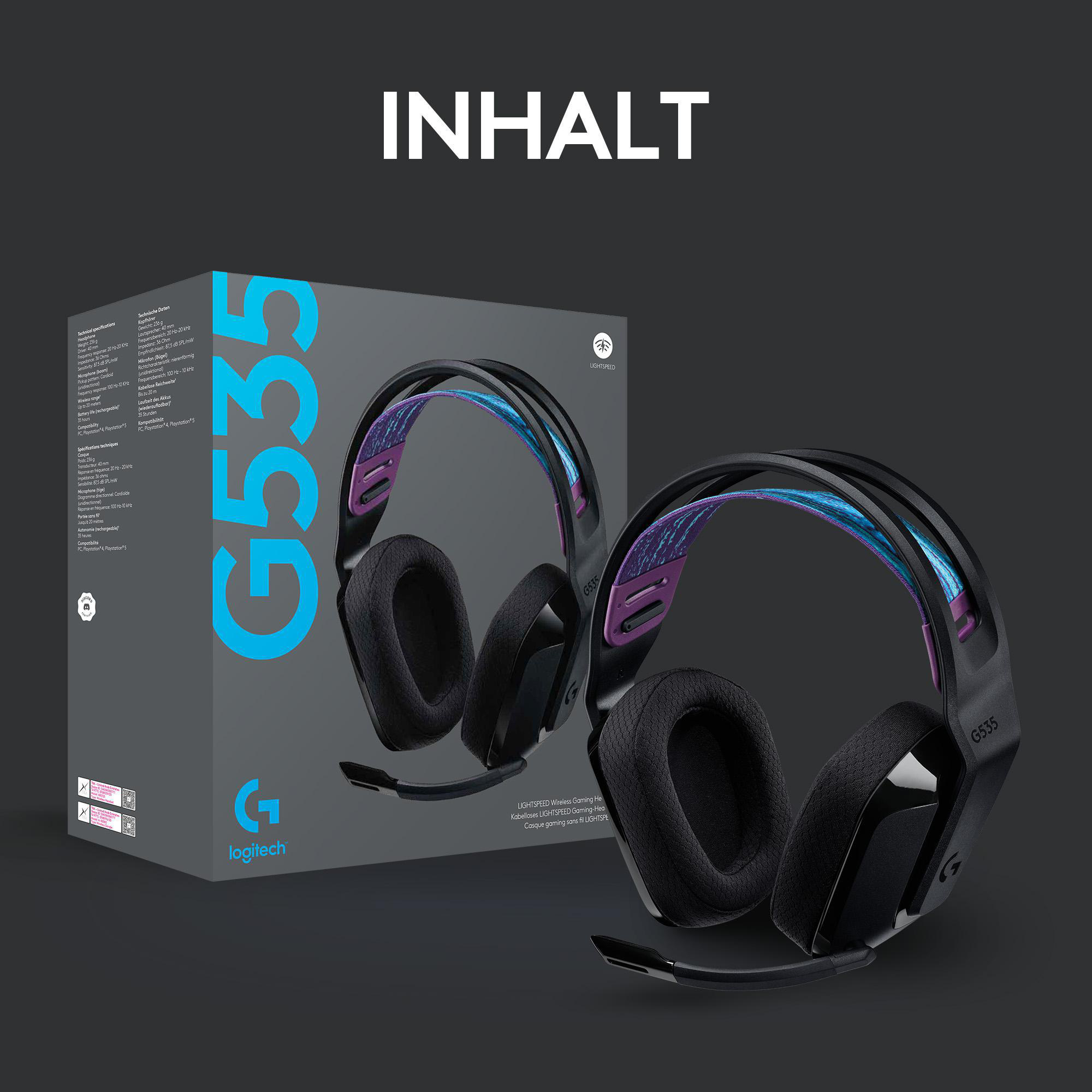 Schwarze und blaue Gaming-Kopfhörer mit einer Box im Hintergrund.
