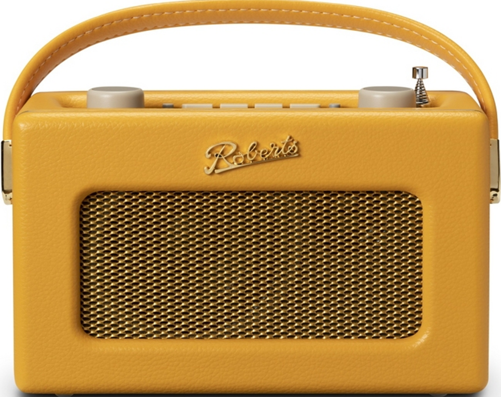 Gelbes Retro-Radio mit Griff, Lautsprecher und Antenne.