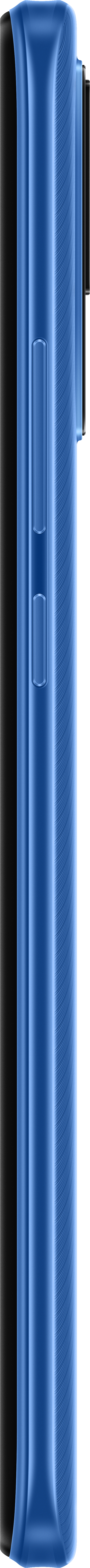 Ein blaues Smartphone von der Seite betrachtet, Tasten zeigend.