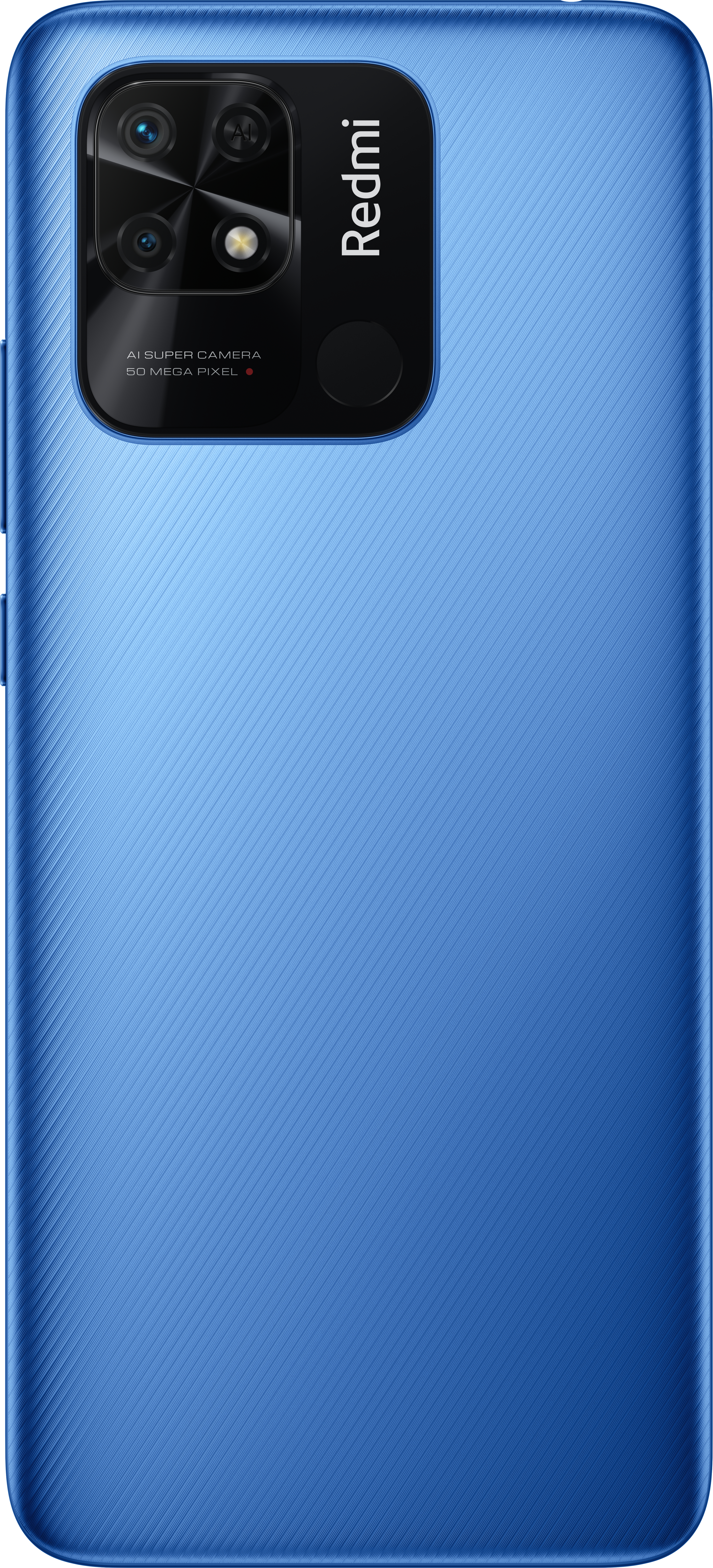 Blaues Telefon mit Kamera, schwarzen Objektiven und dem Namen Redmi.