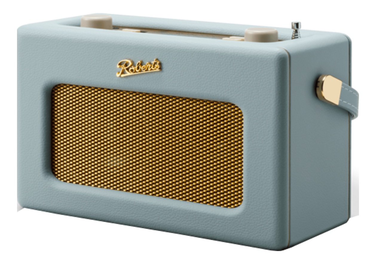 Radio Roberts bleu clair, grille de haut-parleur dorée, poignée dorée et boutons dorés. Le mot 'Roberts' est dessus.