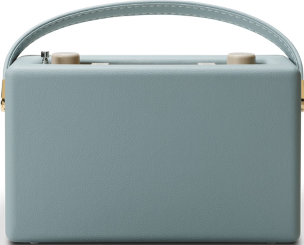 Radio rétro bleu clair avec une poignée, des boutons et un extérieur en simili cuir.