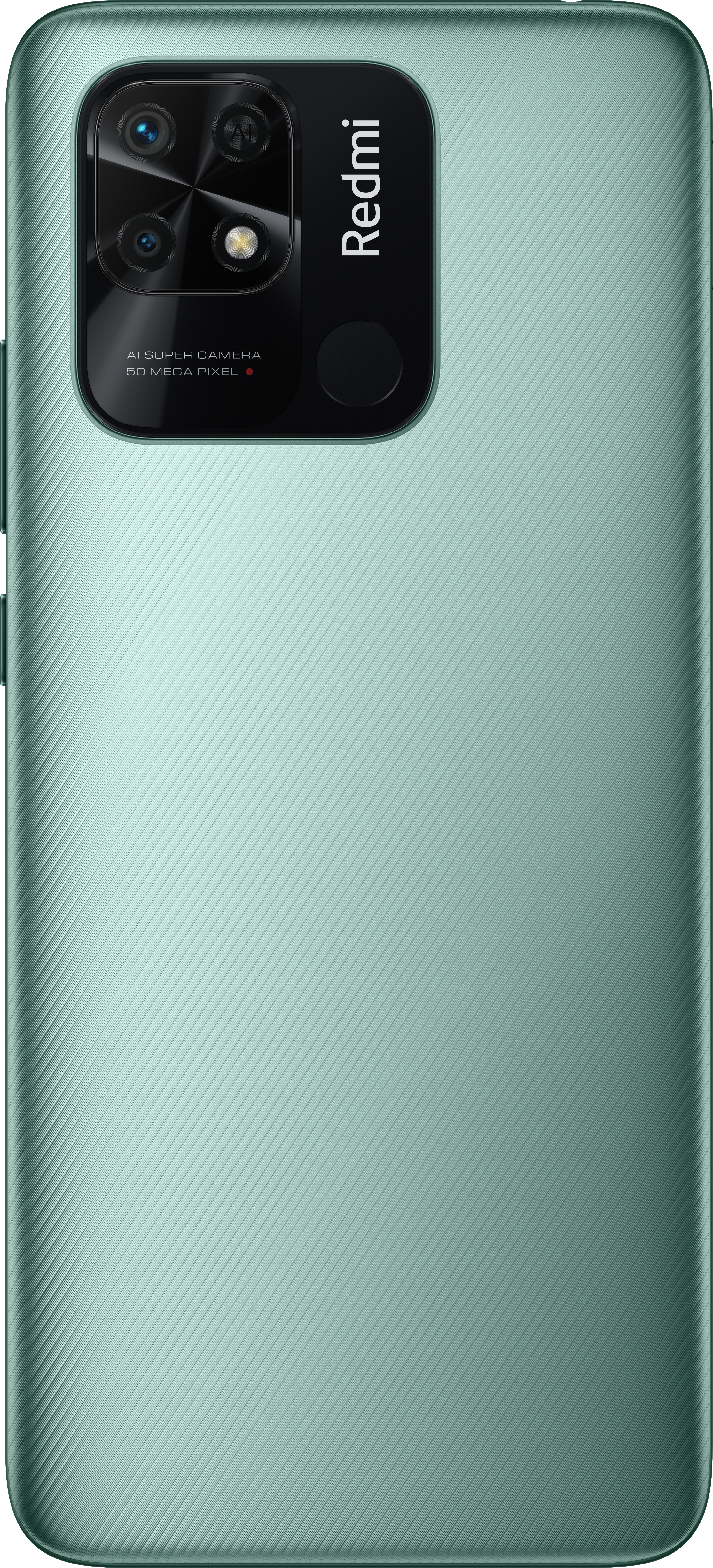 Grüne Telefonrückseite, schwarzes Kameramodul, Redmi-Logo.