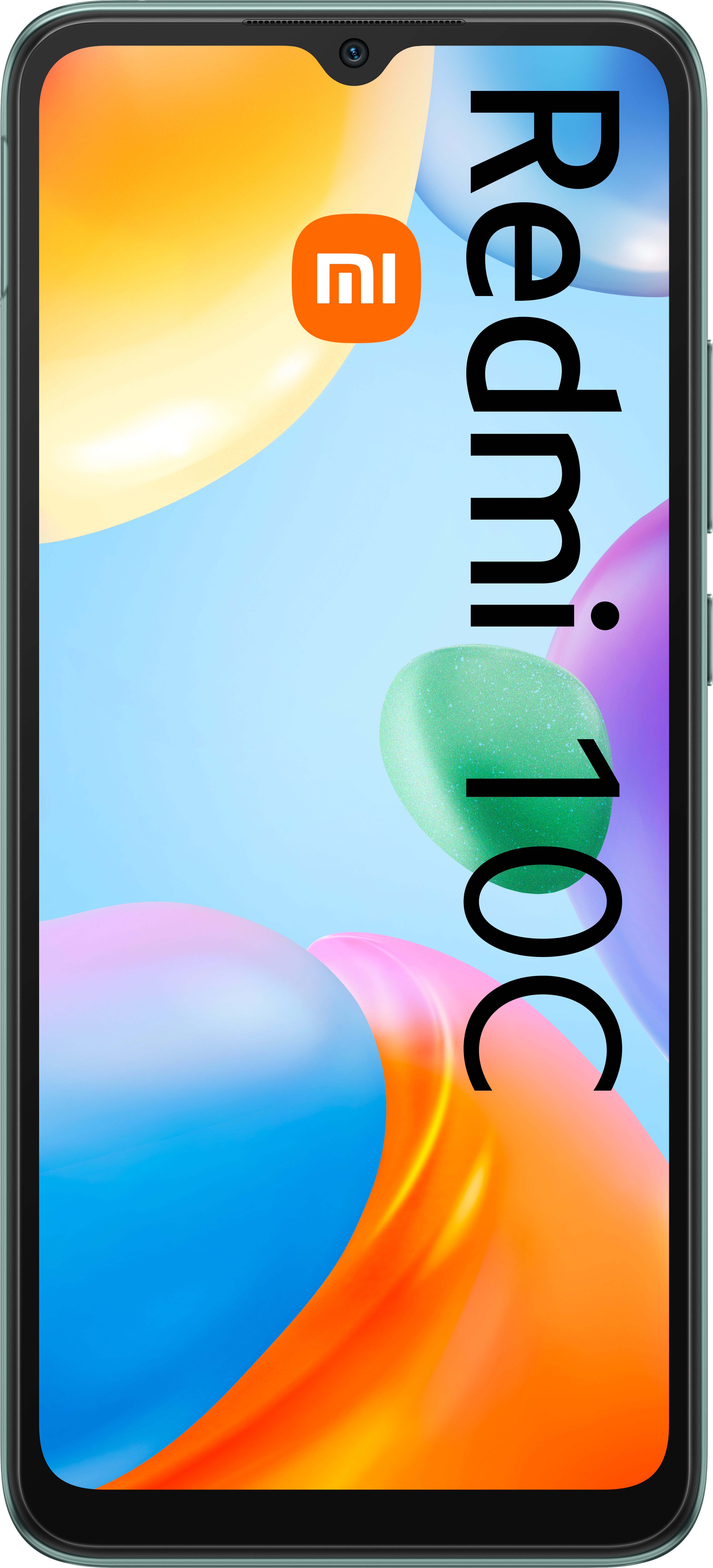 Ein Smartphone auf buntem Hintergrund, mit Kamera und dem Namen Redmi 10C.