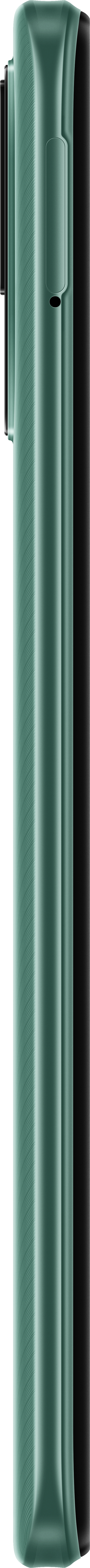 Grünes Telefon, Seitenansicht, glänzende Oberfläche, sauberes Design, keine sichtbaren Knöpfe.