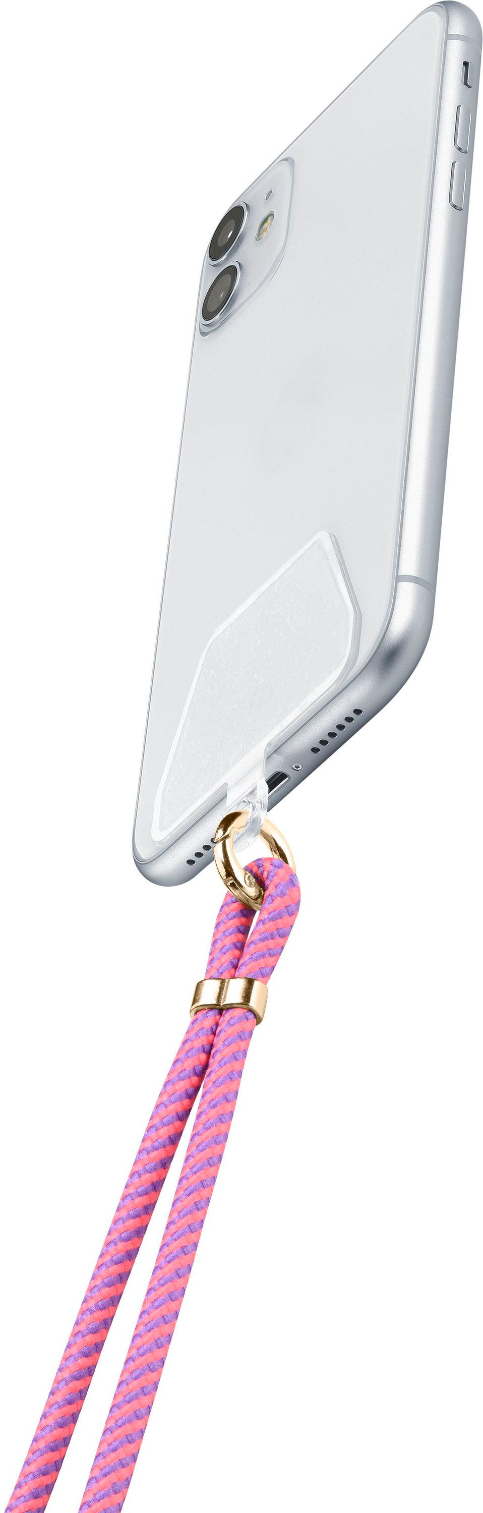 Ein weißes Telefon mit pink-lila Handytasche, mit goldenem Ring-Aufsatz.