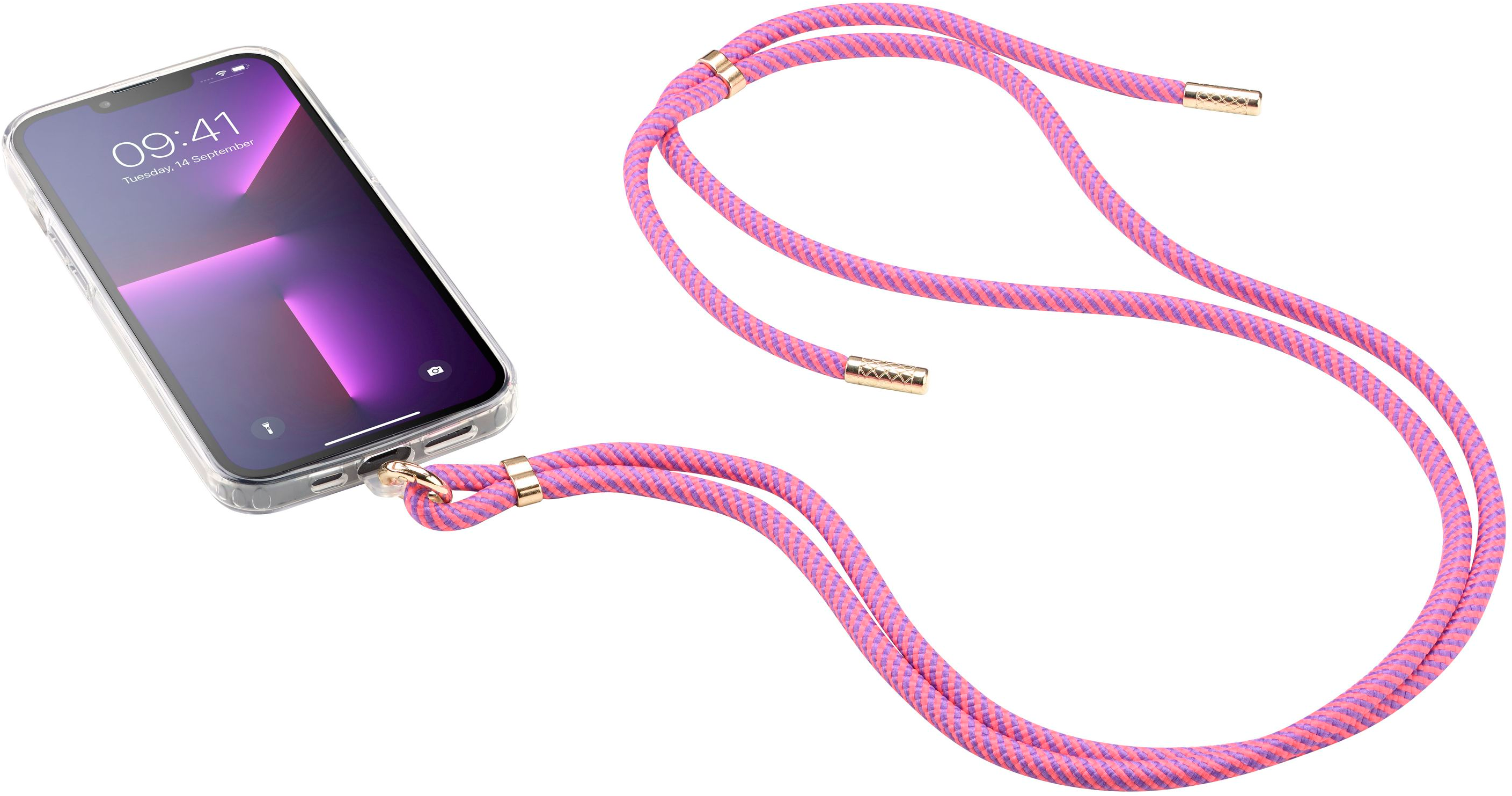 Ein rosa-oranges Handykabel mit einem Telefon, das einen Sperrbildschirm mit Datum zeigt.