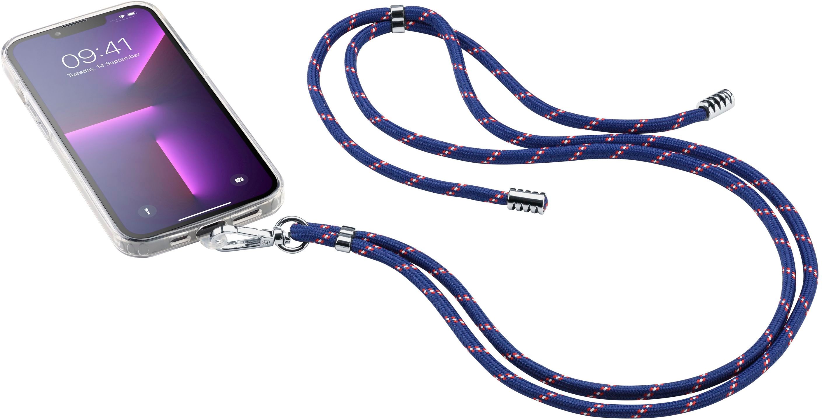 Telefon mit klarer Hülle und blauem Lanyard mit weißen und roten Akzenten. Der Bildschirm zeigt die Uhrzeit an.
