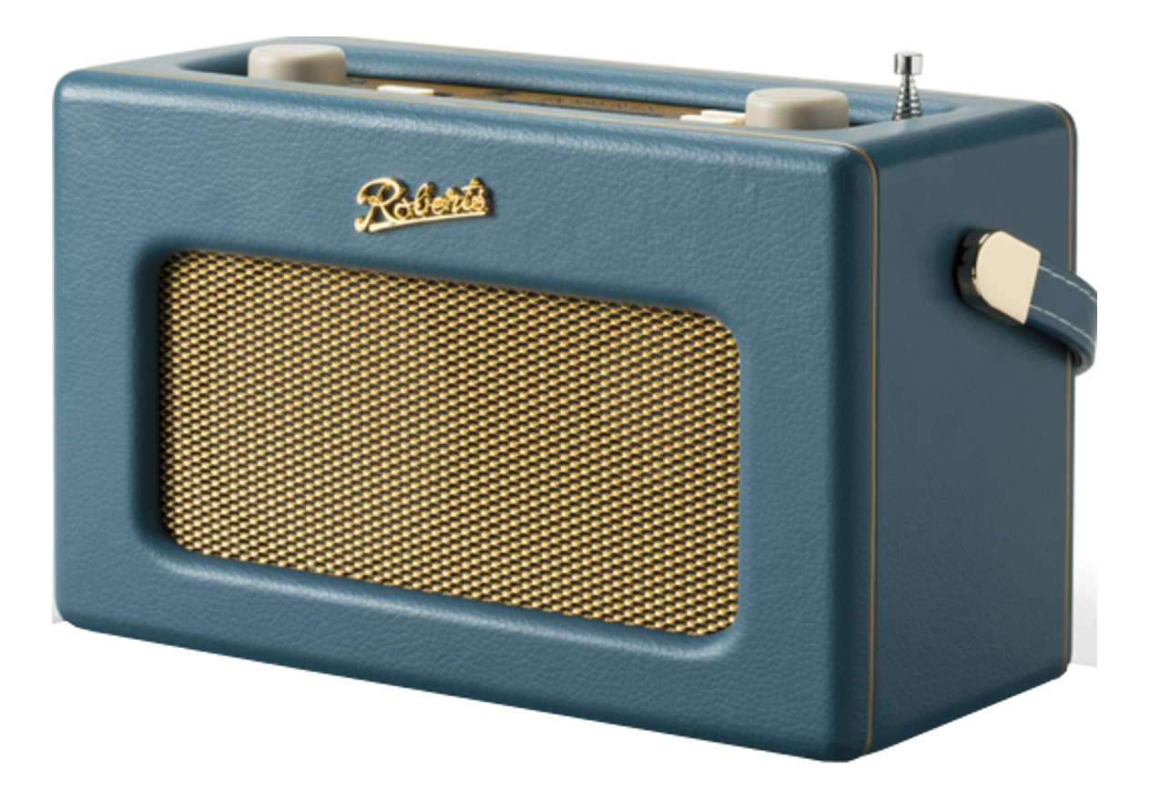 Radio Roberts bleue et dorée, texture simili cuir, vue en angle.