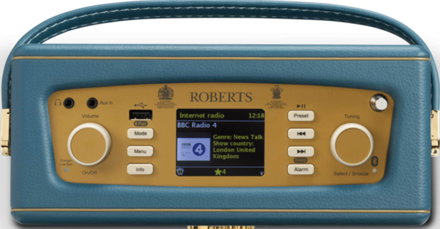 Radio bleue avec des accents dorés, affichant un écran avec des informations radio et des commandes.