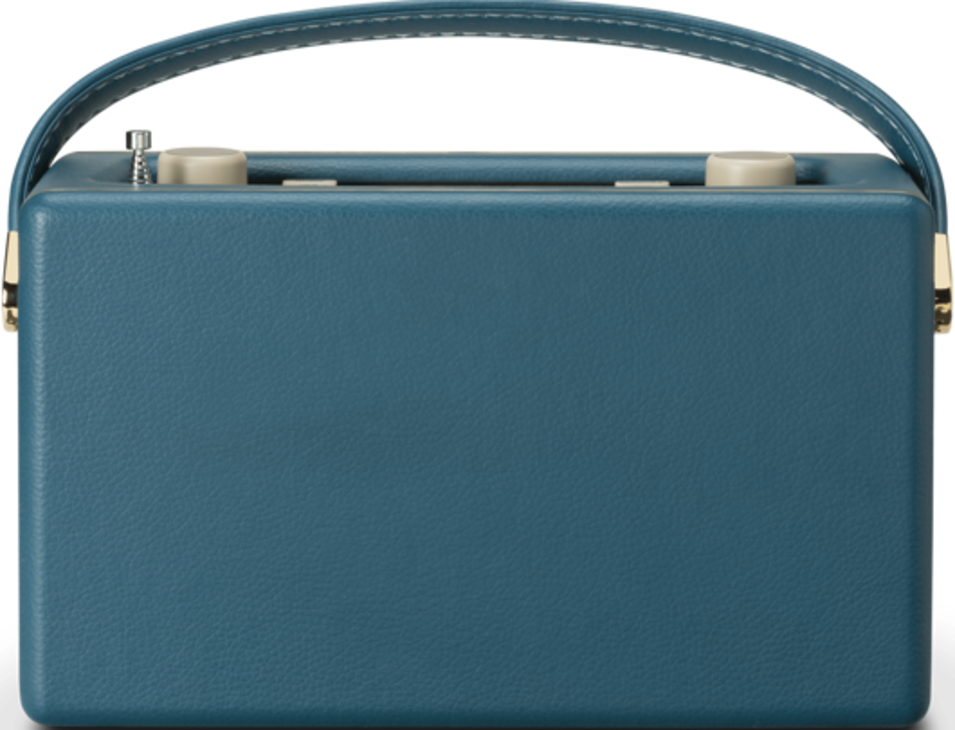 Radio rétro turquoise avec une poignée et deux boutons, posée sur une surface noire.