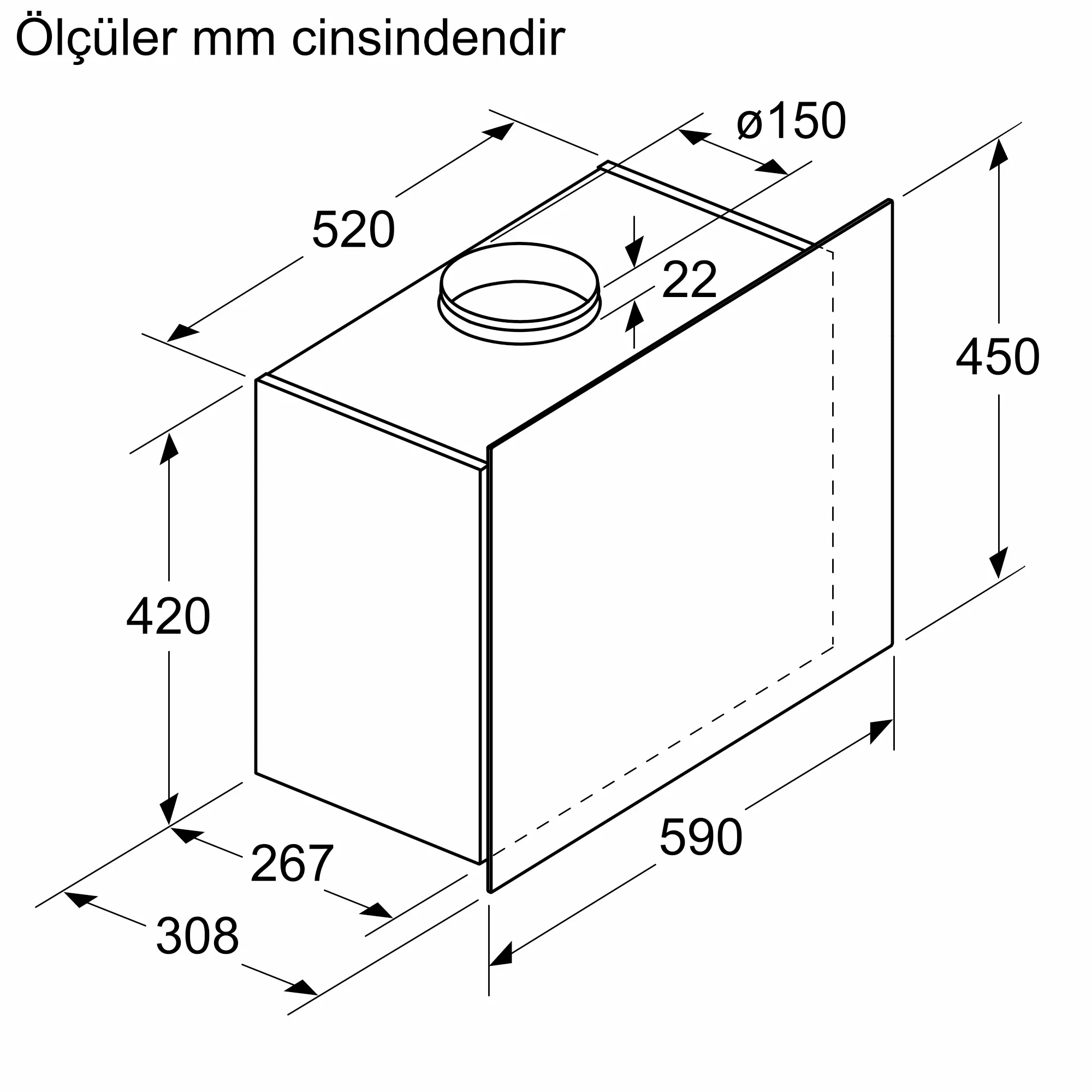 Milimetre cinsinden ölçülerle bir davlumbazın teknik çizimi.