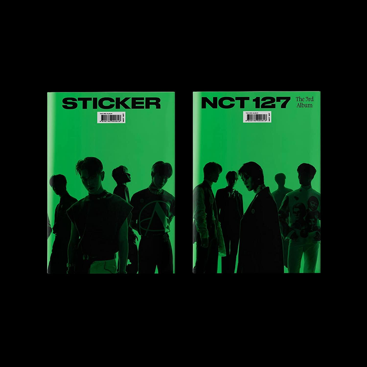 Album borítók. Zöld háttér. A Sticker szó és az NCT 127 album jelenik meg.
