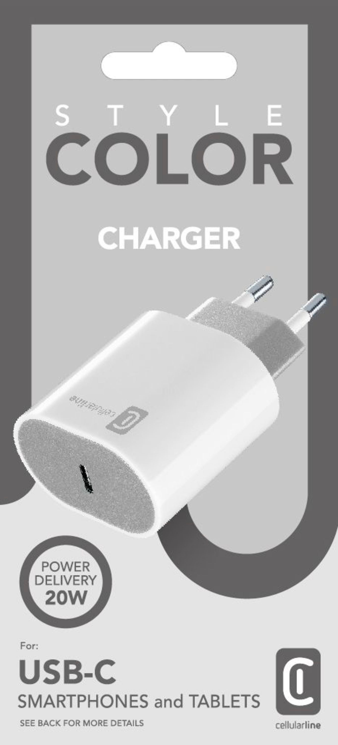 Weißes Ladegerät mit schwarzem Anschluss und Text: "STYLE COLOR CHARGER".