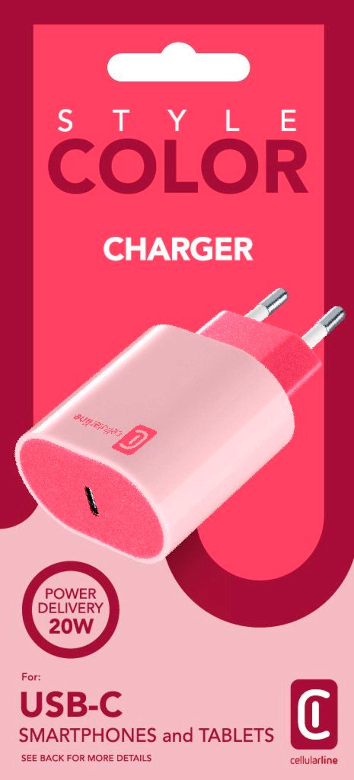 Rosa Ladegerät mit USB-C-Anschluss, verpackt mit rosa Hintergrund.