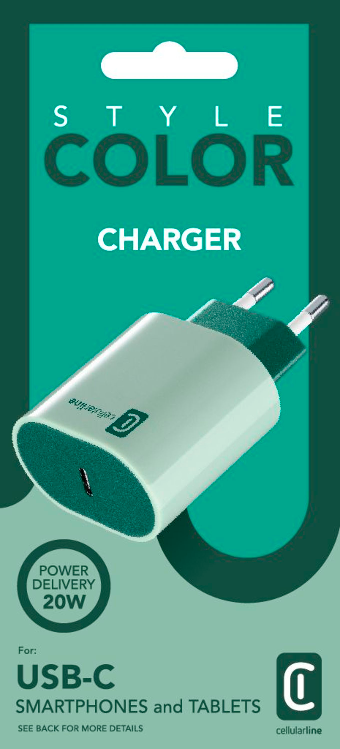 Caricatore con confezione, colori verde e bianco, caricatore USB-C.