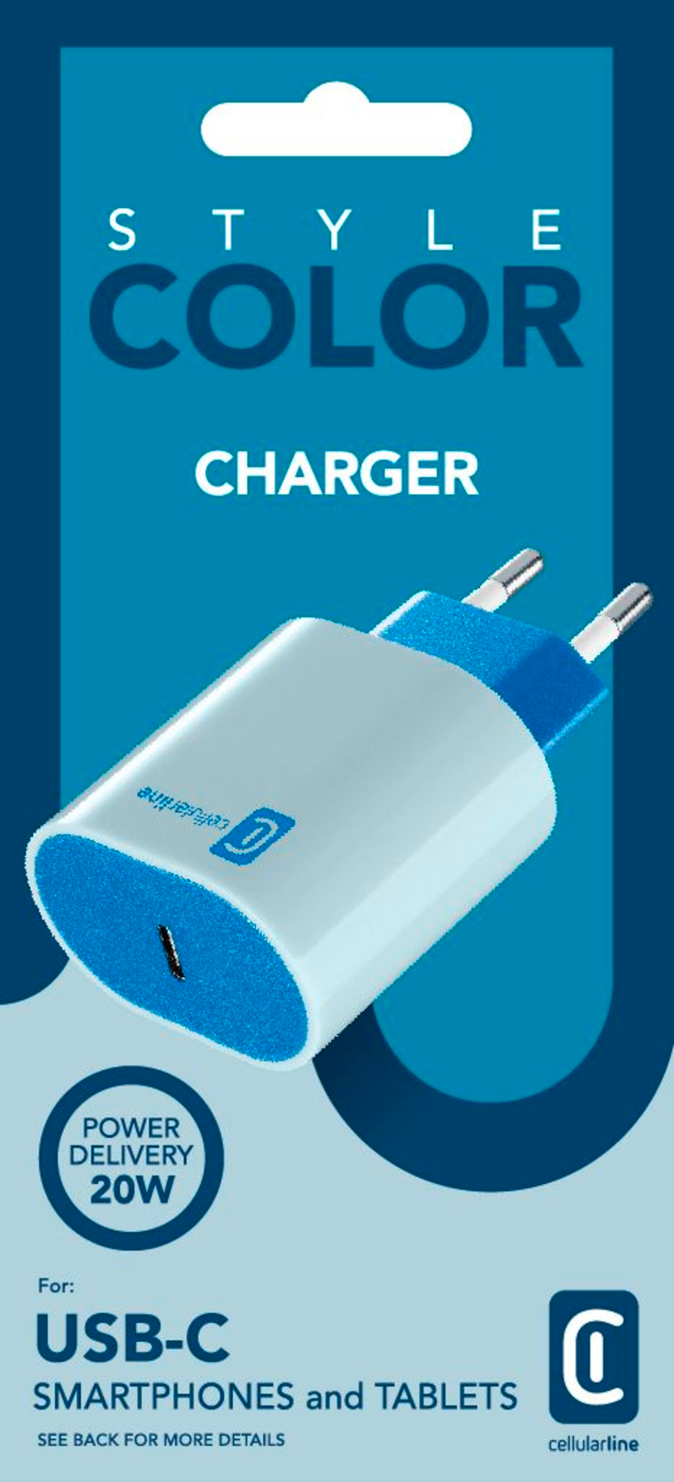 Ein weiß-blaues Ladegerät mit USB-C-Anschluss, mit Text auf der Verpackung, das 20W Power Delivery bewirbt.