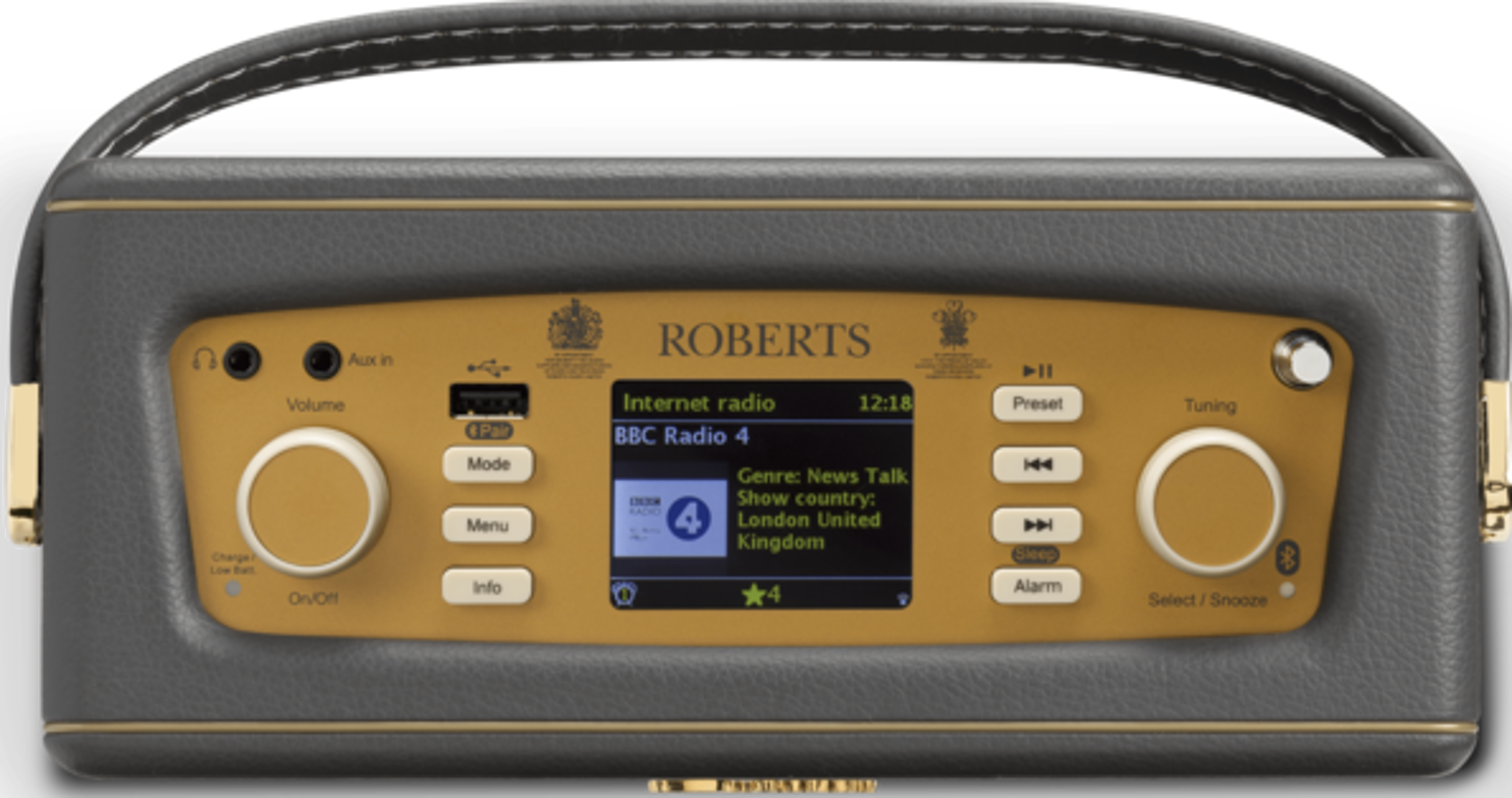 Ein graues Radio mit goldenen Details, einem Bildschirm und Knöpfen.
