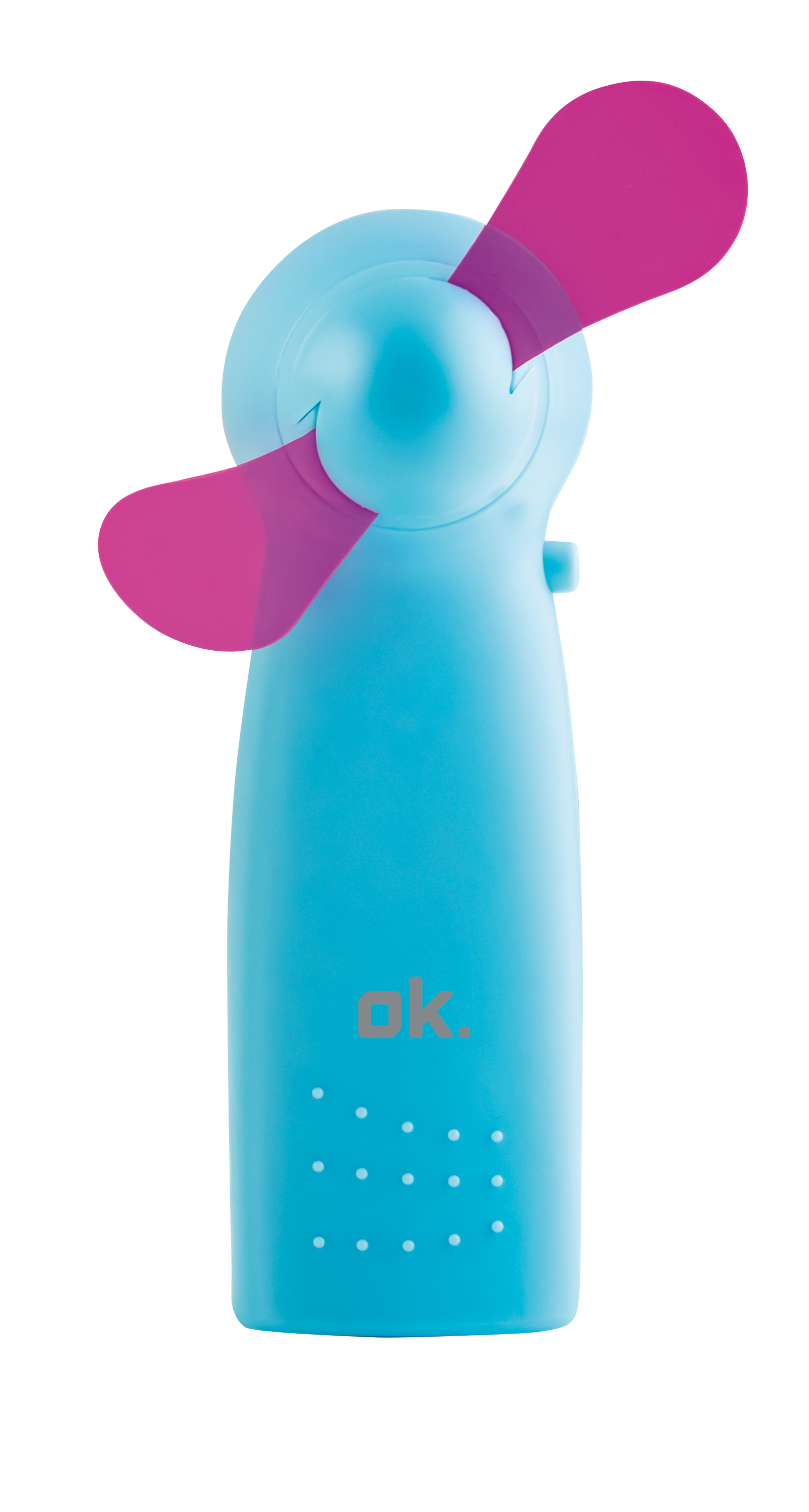 Kék, elemmel működő kézi ventilátor rózsaszín lapátokkal. Az 'ok.' felirat a fogantyún.