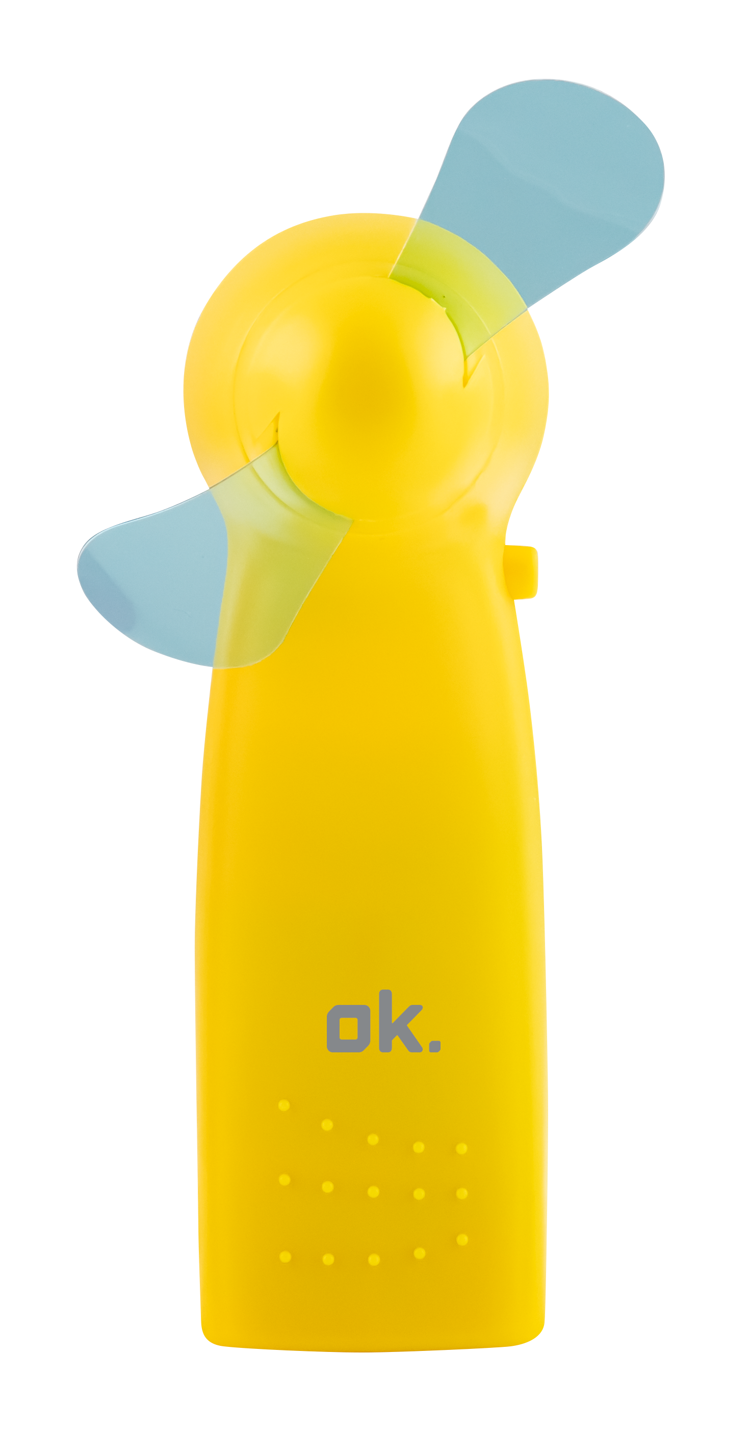 Egy sárga kézi ventilátor kék lapátokkal. Fehér háttéren van.