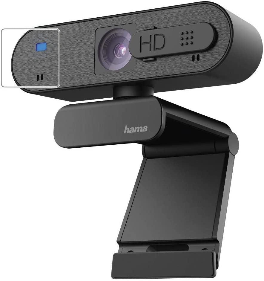 Una webcam Hama negra con un soporte ajustable. La lente es visible y una luz azul brilla.