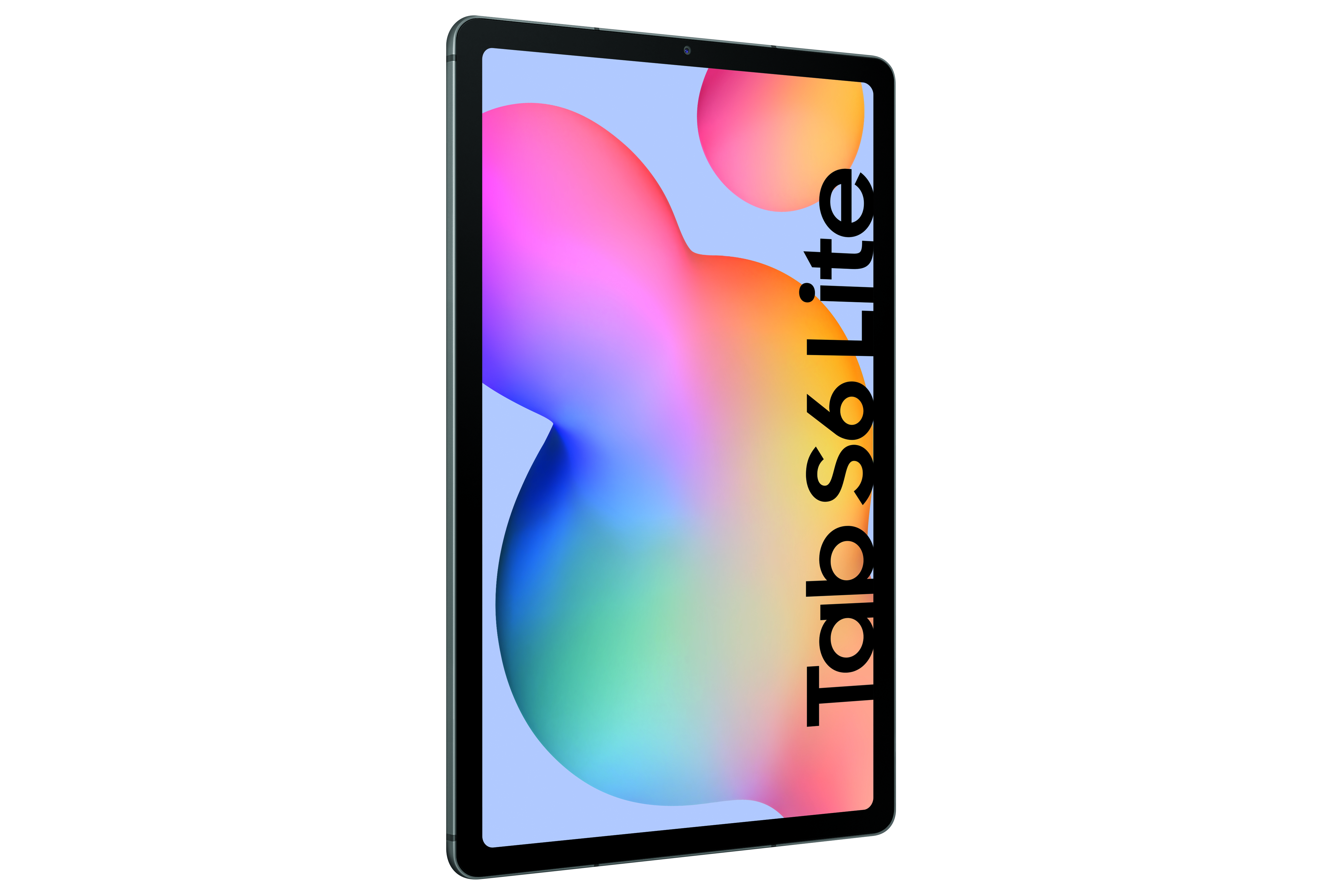 Ein Samsung Tablet, schwarz mit den Worten 'Tab S6 Lite'. Der Bildschirm ist an.