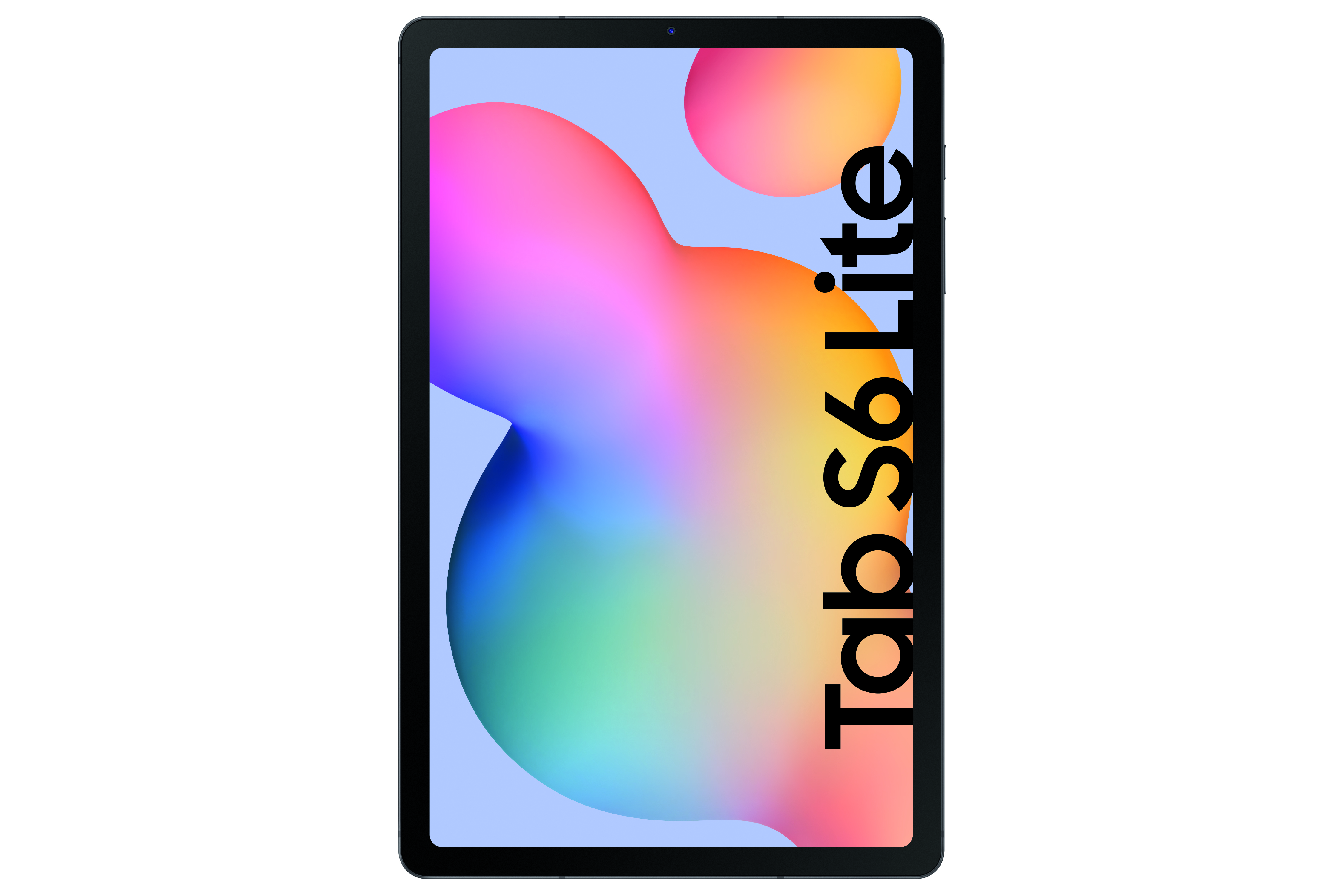 Tablet mit Bildschirm, der Pastellfarben und die Worte Tab S6 Lite zeigt.