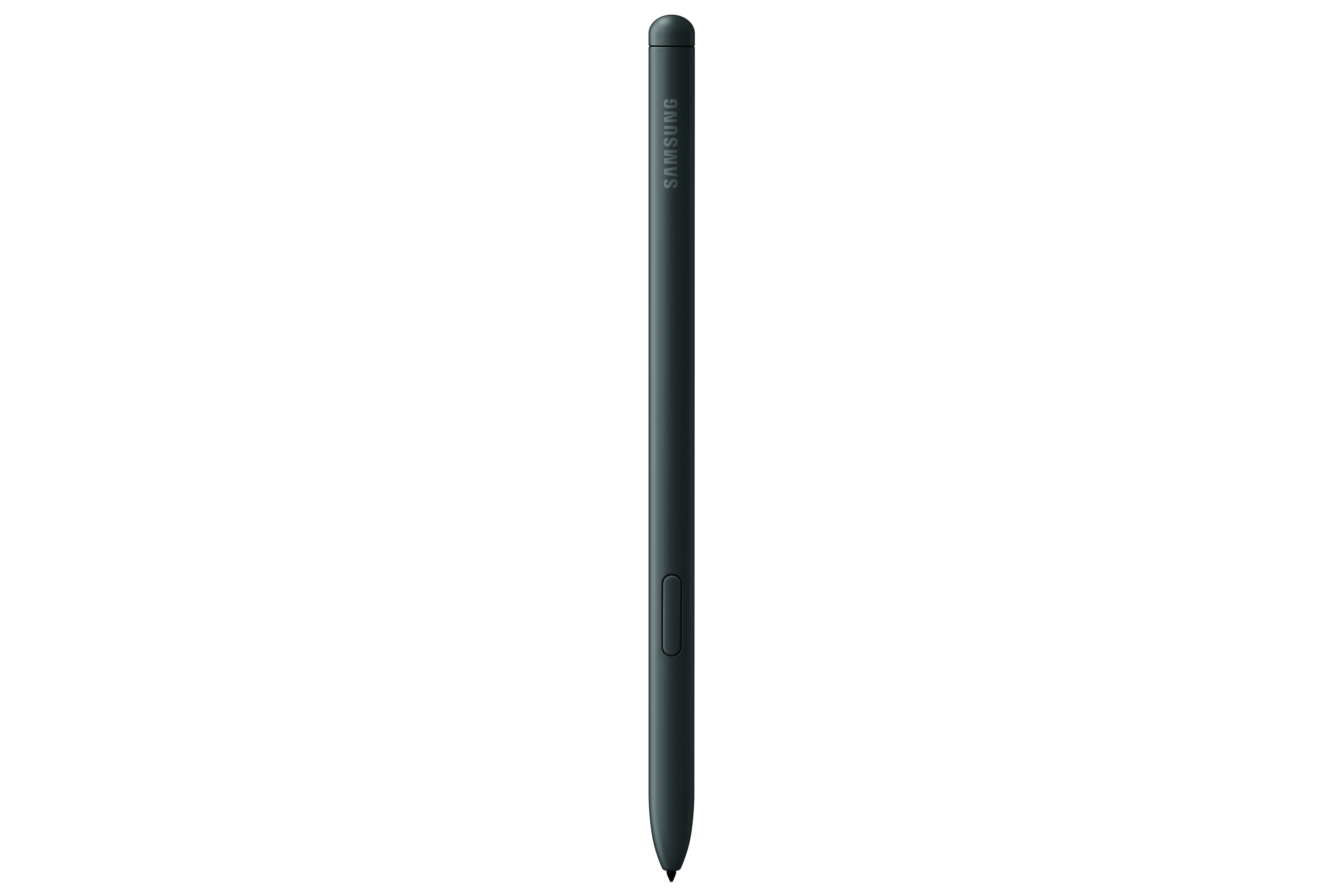 Ein schwarzer Samsung Stift. Es ist ein dünner, langer Stift mit einem Knopf an der Seite.