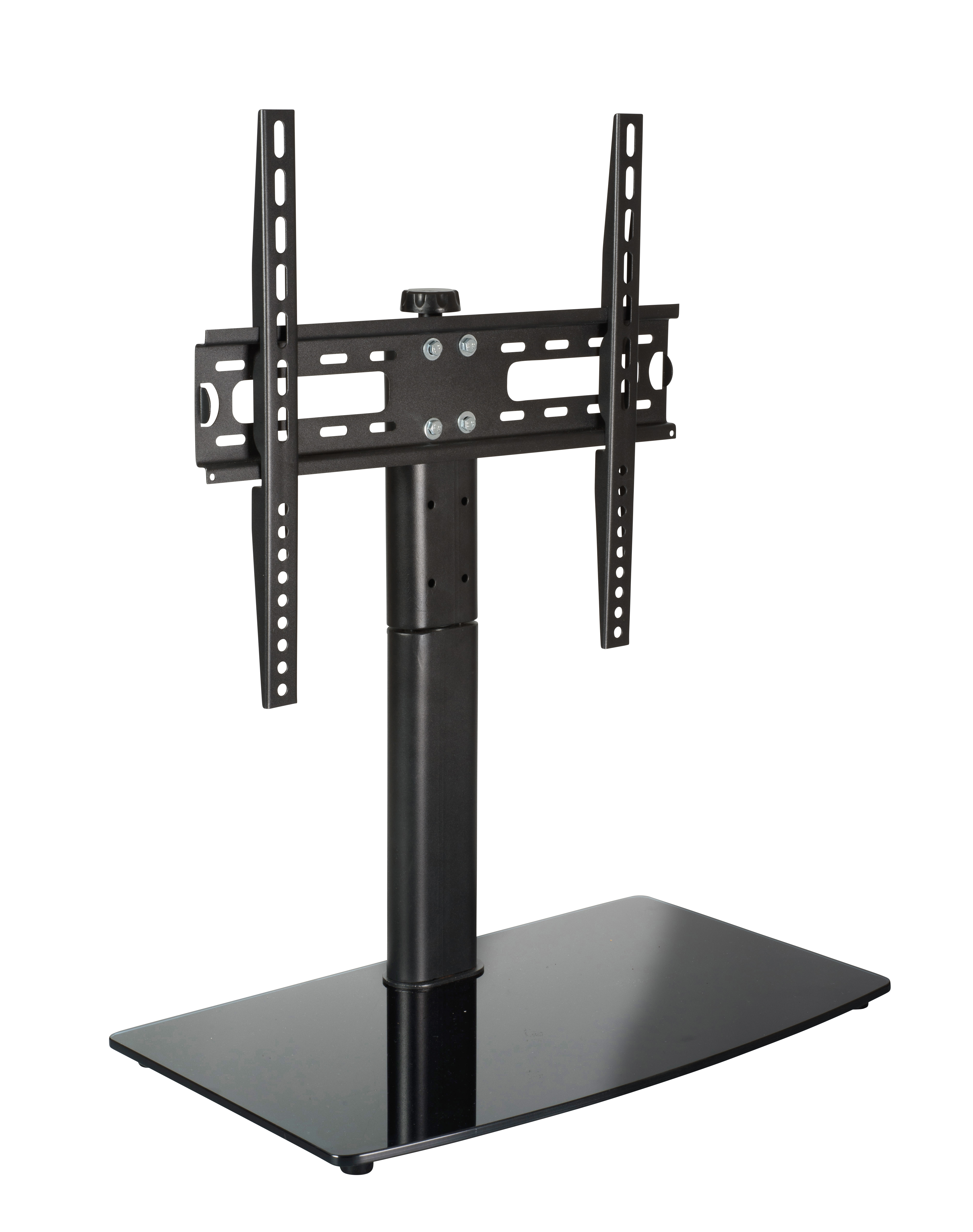 Ein schwarzer TV-Ständer mit Glasfuß und Metallstange, bereit für einen Fernseher.