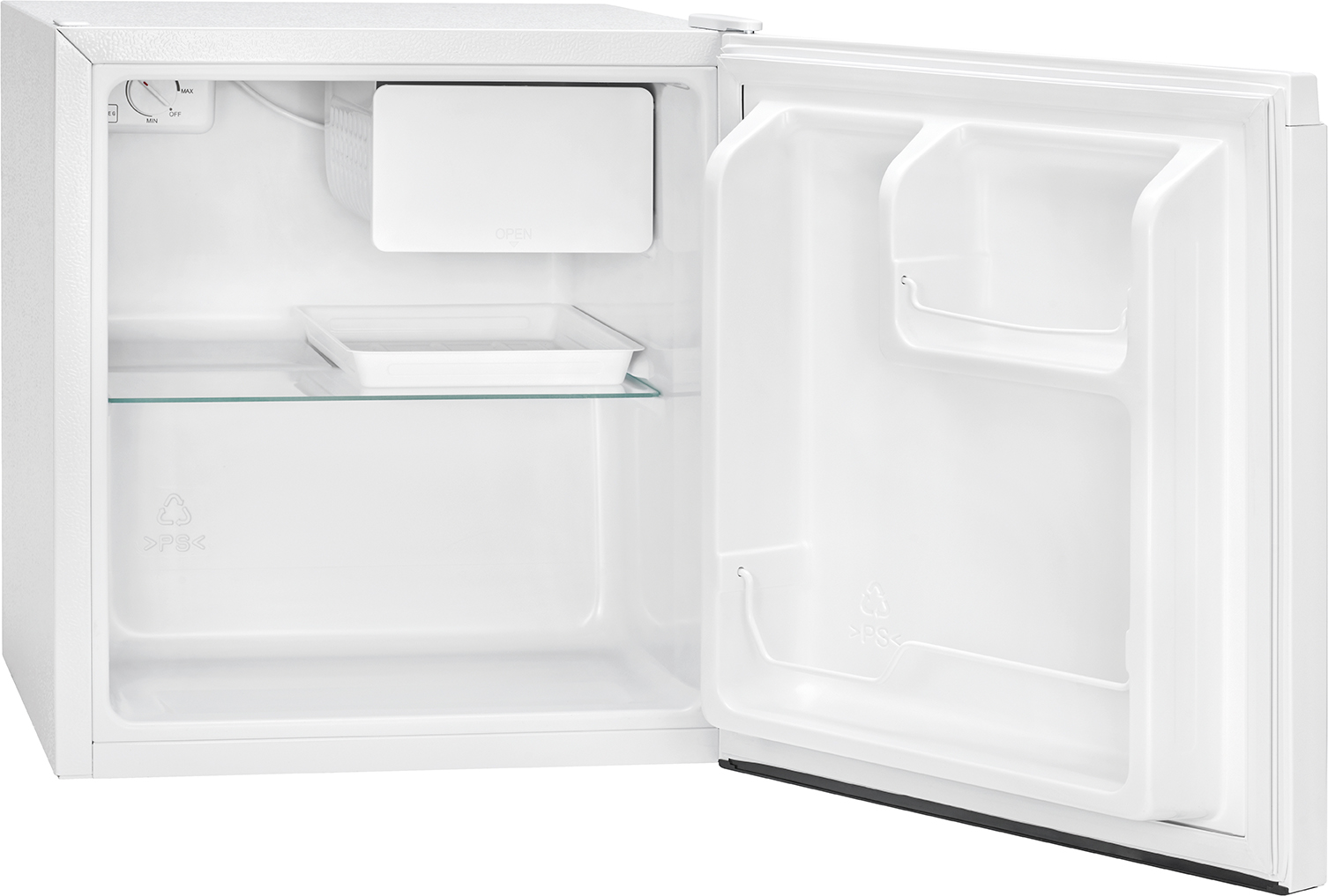 Ein offener, weißer Kühlschrank mit Glasablage und Eiswürfelbehälter.