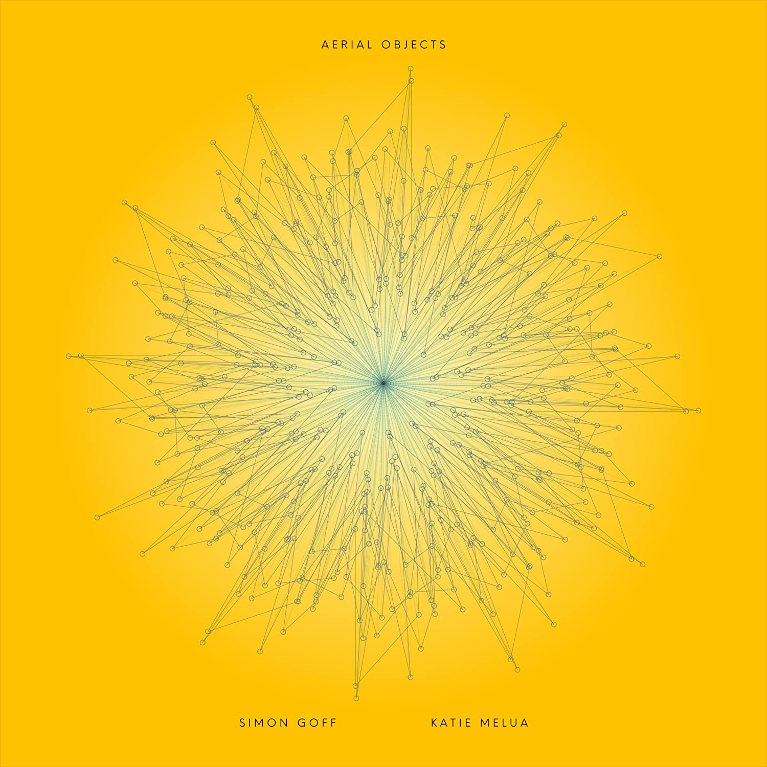 Sárga háttér, bonyolult vonalakból és pontokból álló hálózattal, amely egy csillagszerű mintát alkot. Szöveg felül és alul: AERIAL OBJECTS, SIMON GOFF, KATIE MELUA.