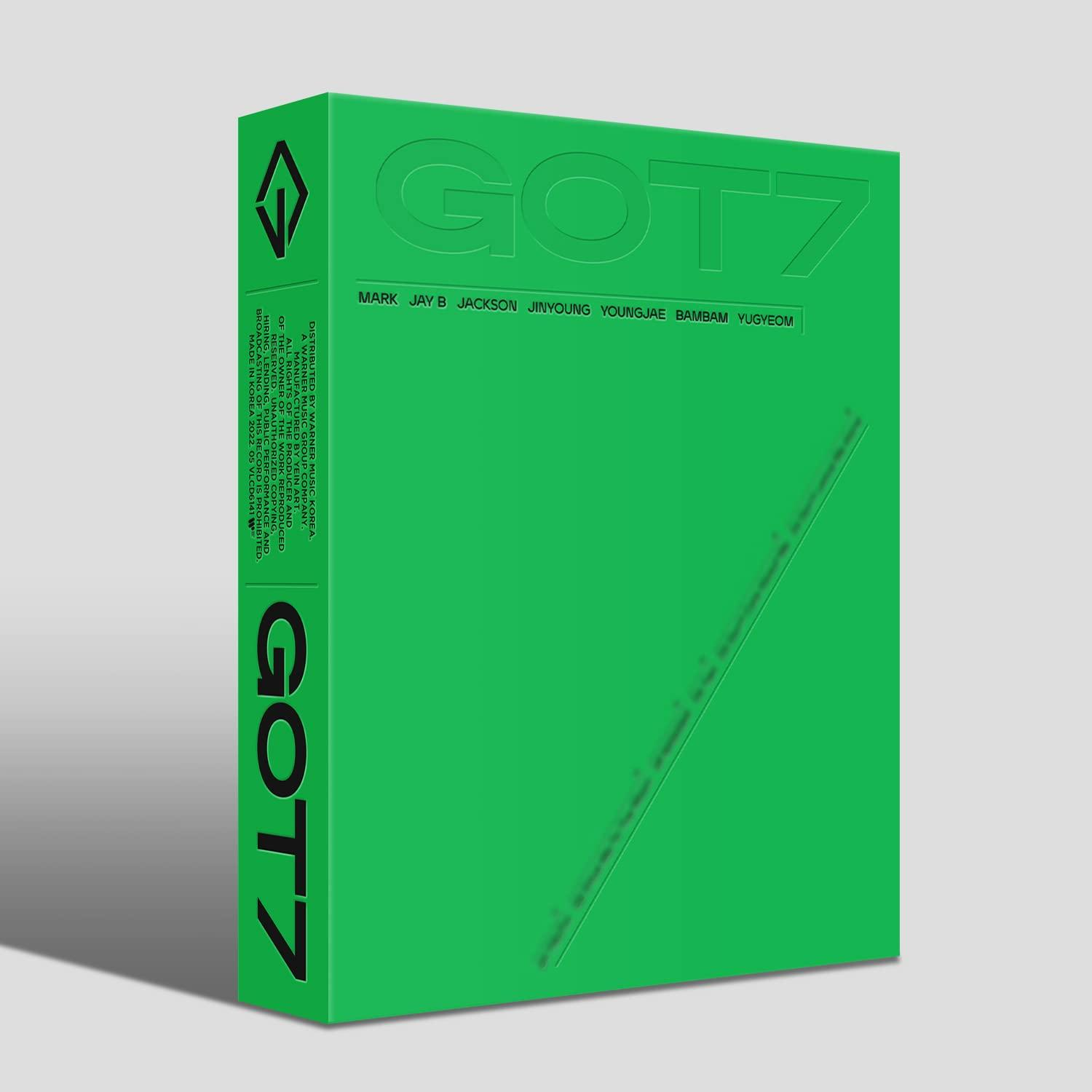Zöld GOT7 album borító a zenekar tagjainak nevével és a GOT7 logóval.