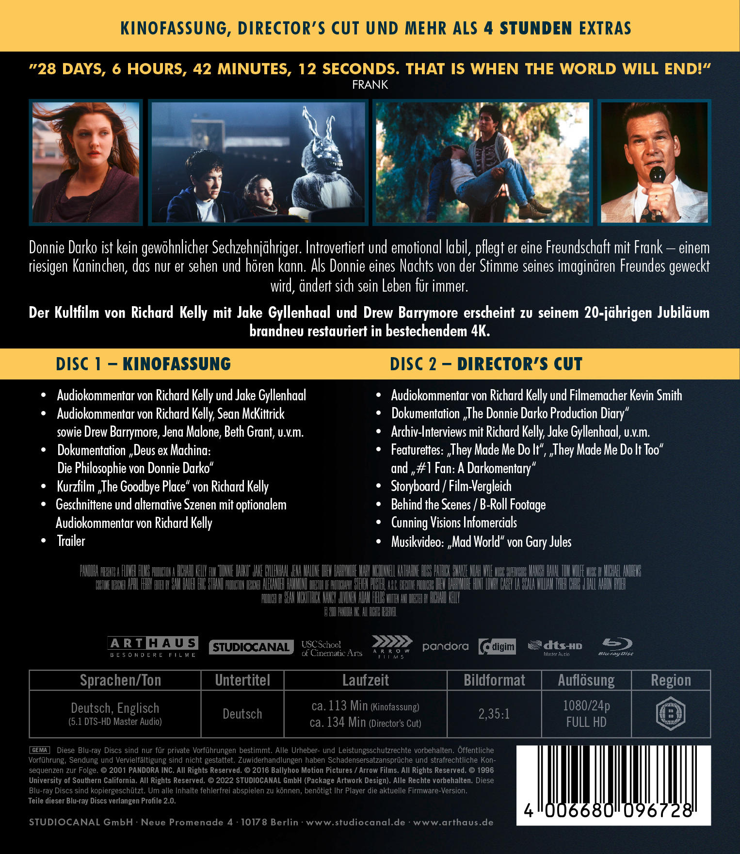 Rückseite der Donnie Darko DVD-Hülle mit Text und Bildern zum Film.