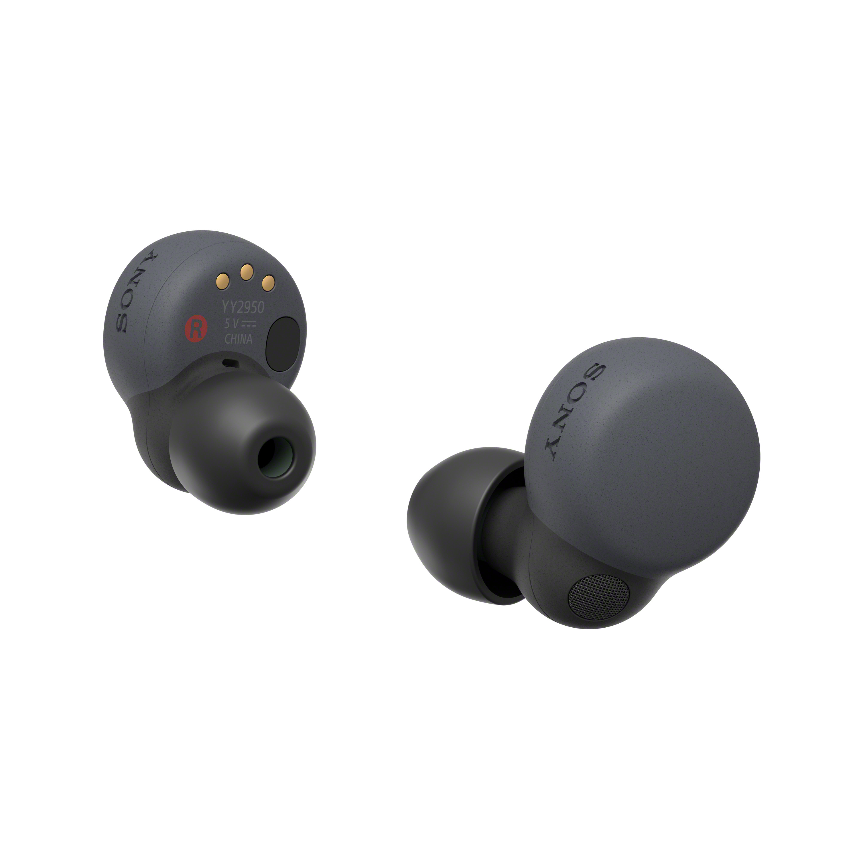 Two gray wireless earbuds, each with a rounded shape, angled for clarity.