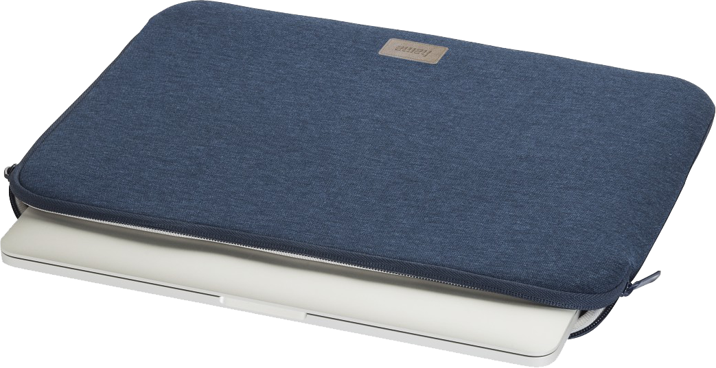Kék laptop tok egy laptop-pal benne, cipzárral és márkacímkével.