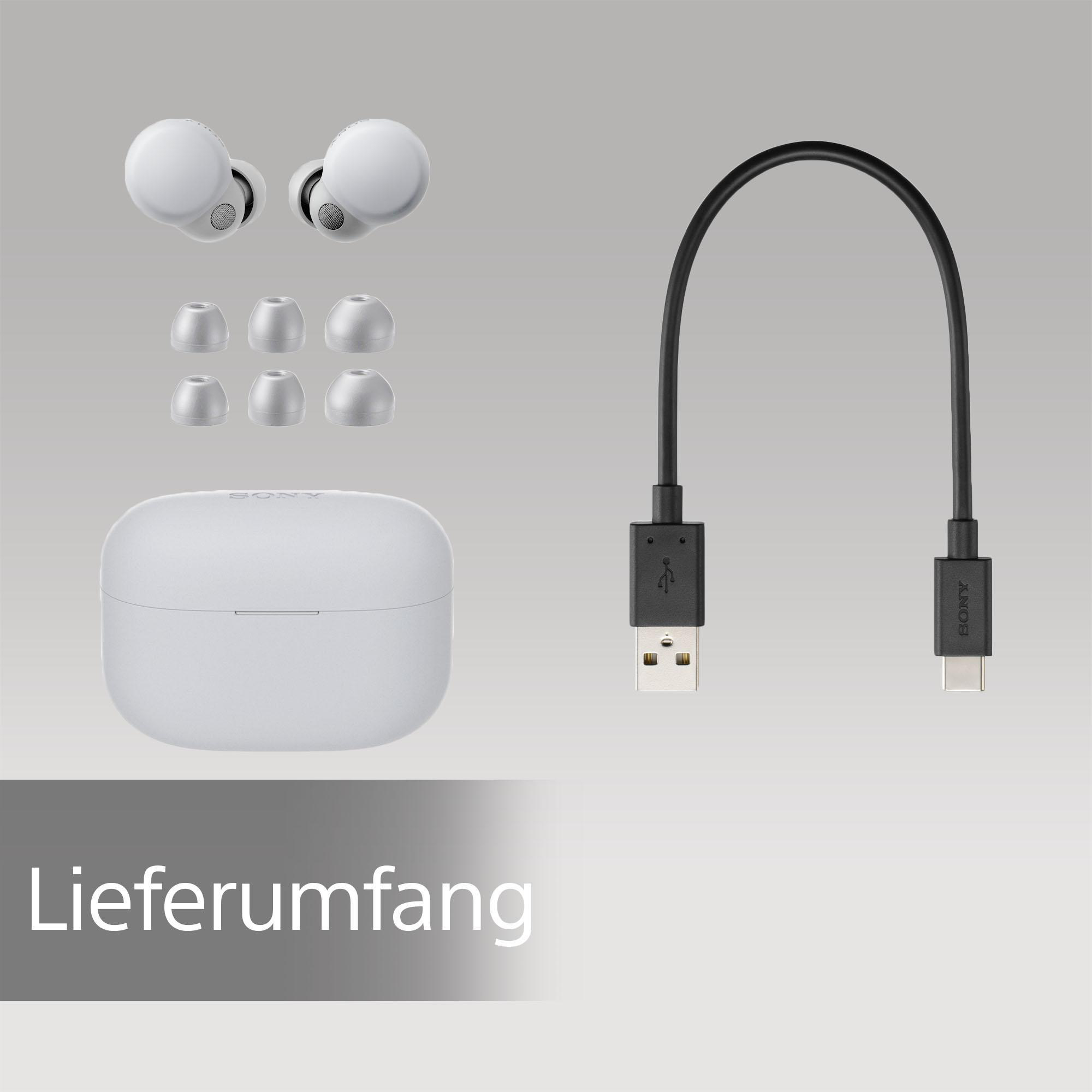 Weiße Ohrhörer, zusätzliche Aufsätze und Ladeetui. Schwarzes USB-Kabel.
